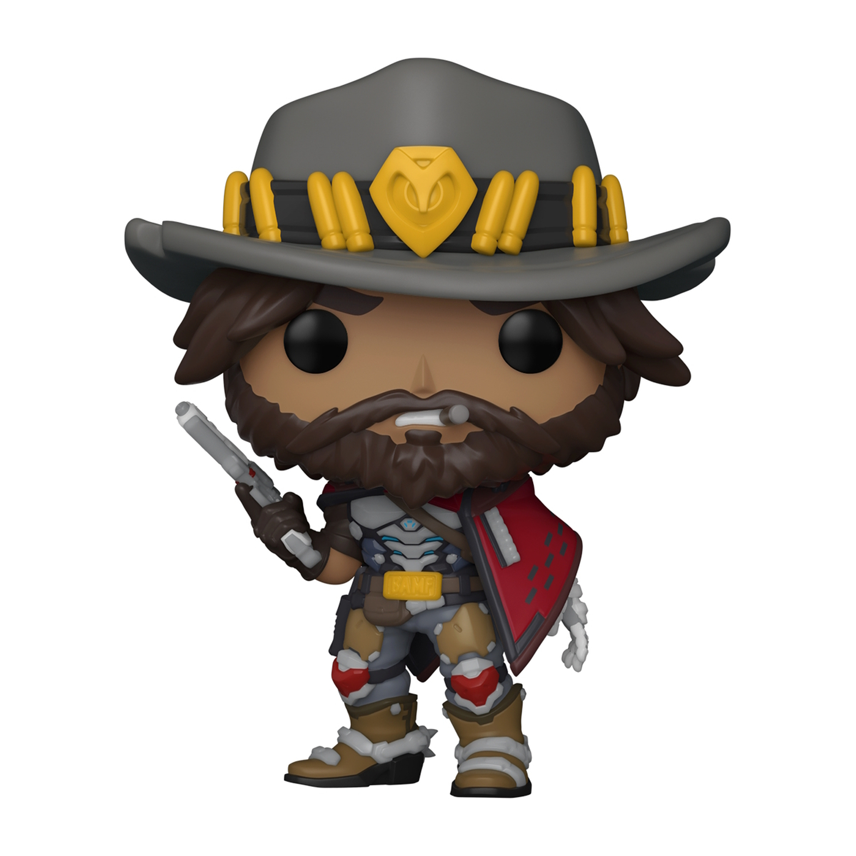 Figura Funko Pop di un personaggio a tema cowboy con un cappello, che tiene una pistola. Un mantello rosso.