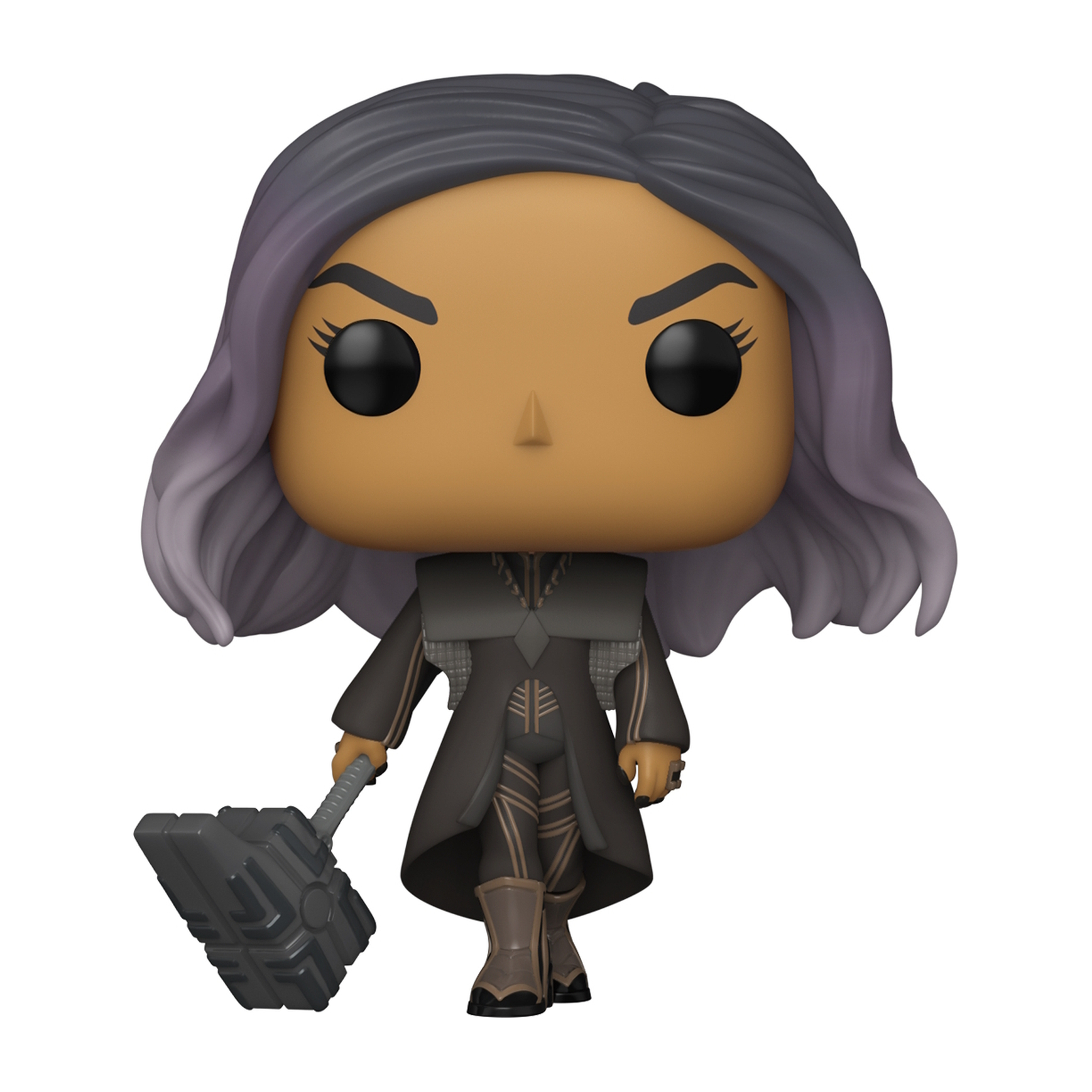 Funko Pop Figur einer Frau mit grauen Haaren, die einen Hammer hält und dunkle Kleidung trägt.