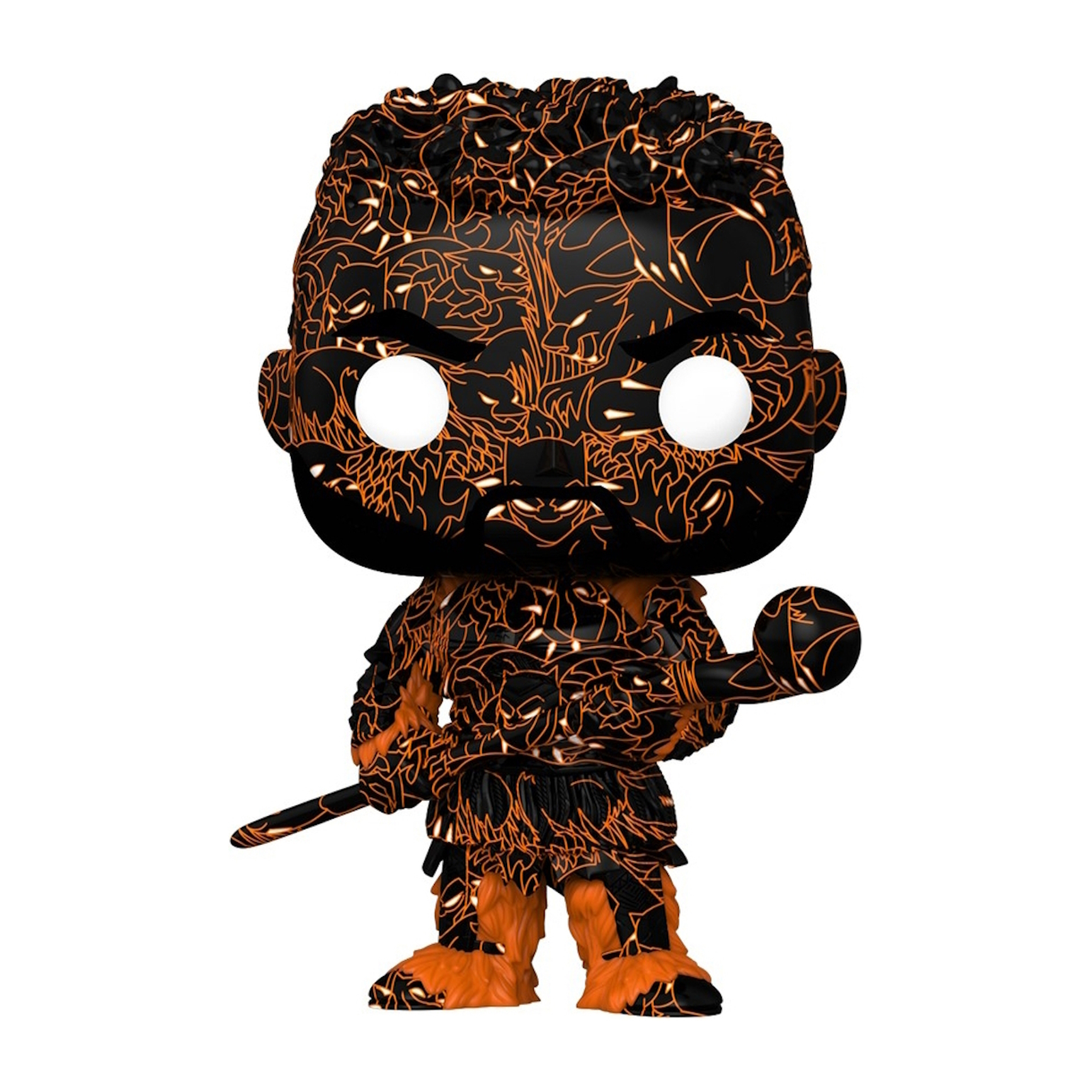 Funko Pop di un personaggio con corpo nero, linee e accenti arancioni, che tiene un bastone.