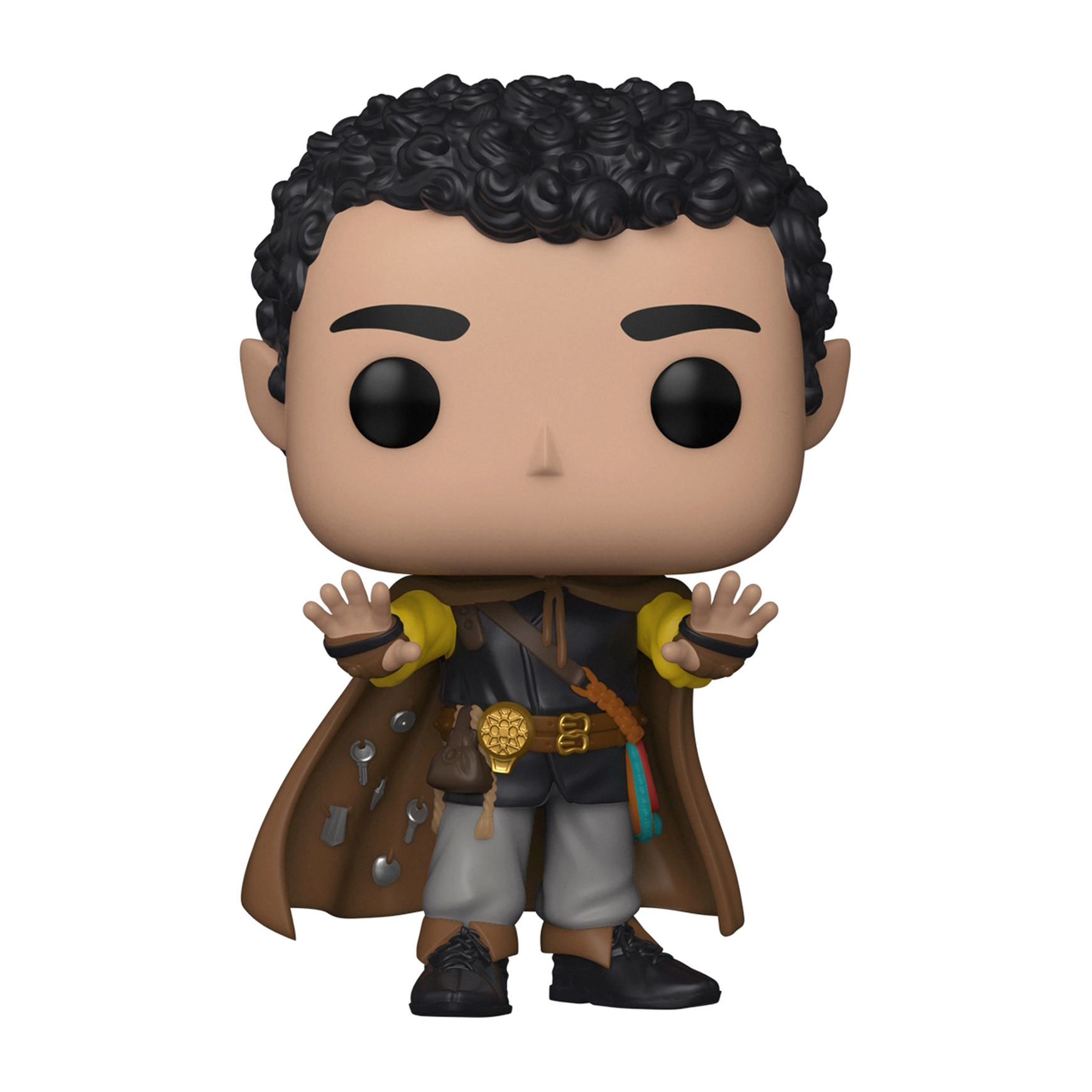 Statuetta di personaggio D&D con cappotto marrone, chiavi, tasca e capelli neri ricci.