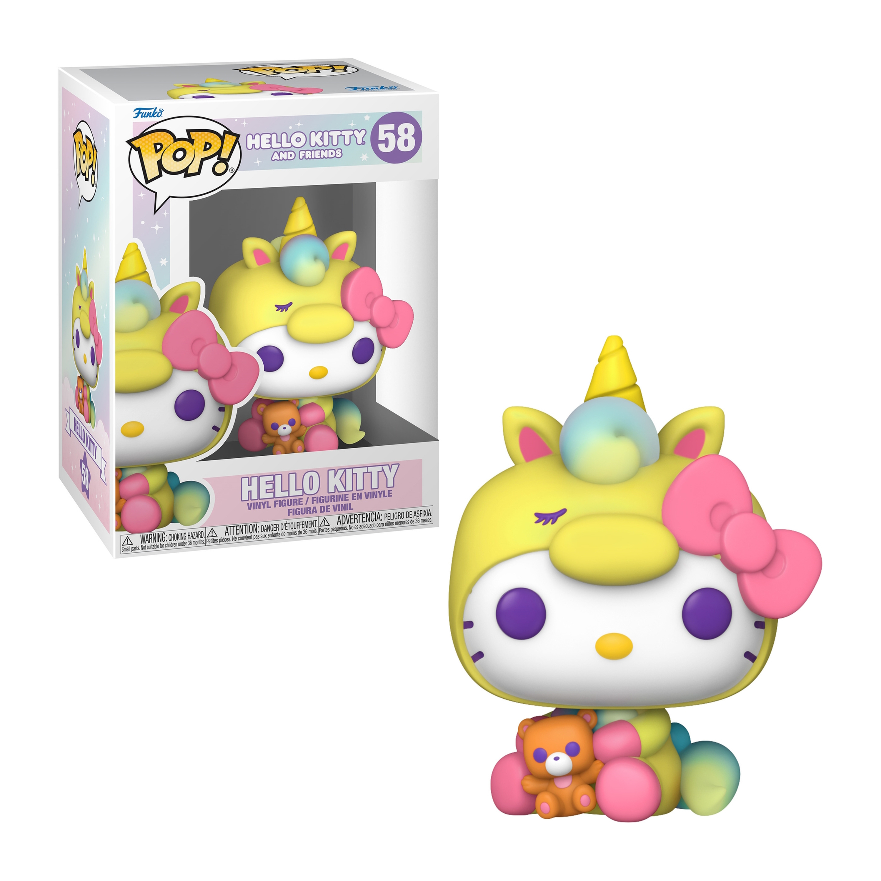 Funko Pop! von Hello Kitty als Einhorn. Gelbe und rosa Farben, Box im Hintergrund.
