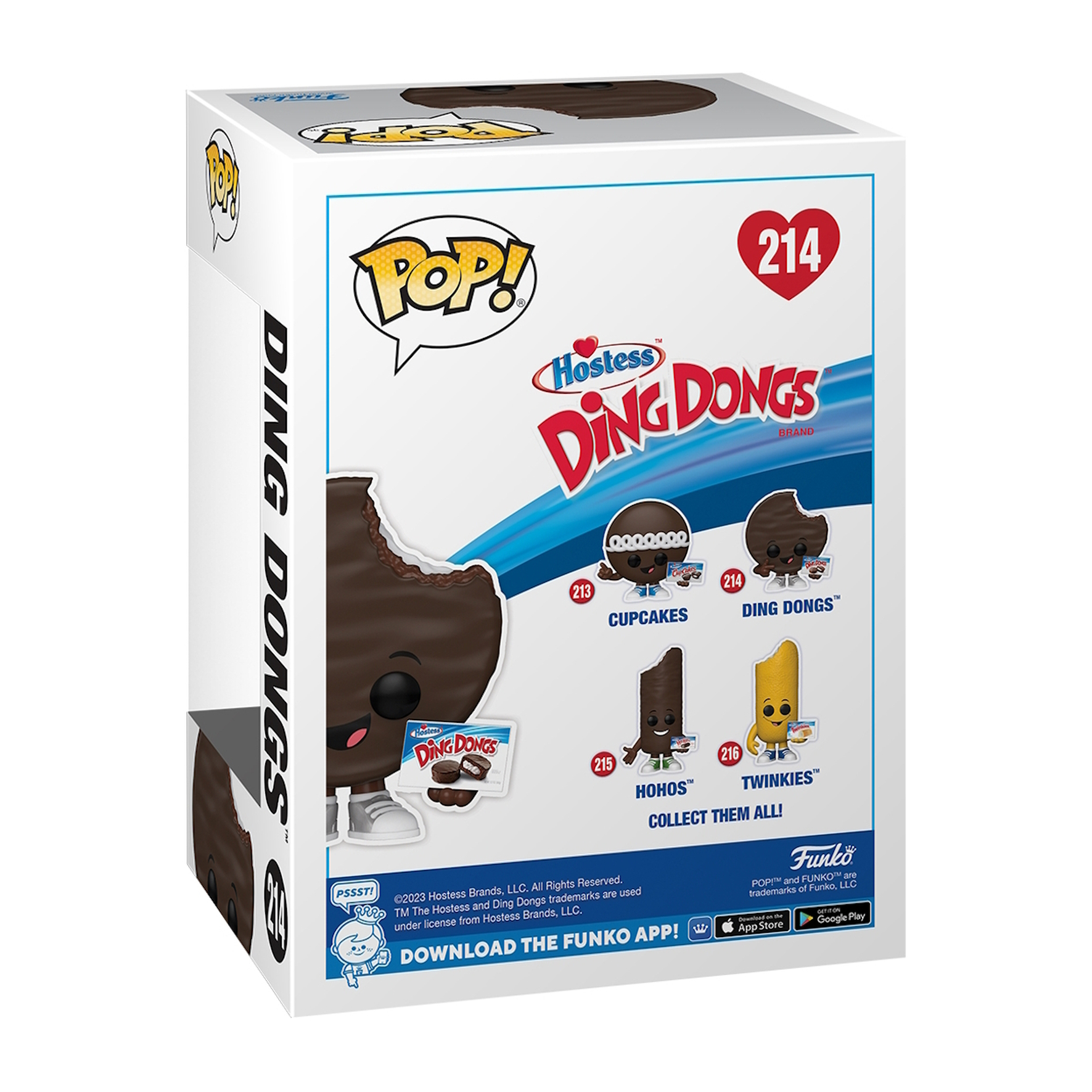 Scatola di Hostess Ding Dongs. Mostra il prodotto e le statuine Funko Pop. Sfondo bianco.