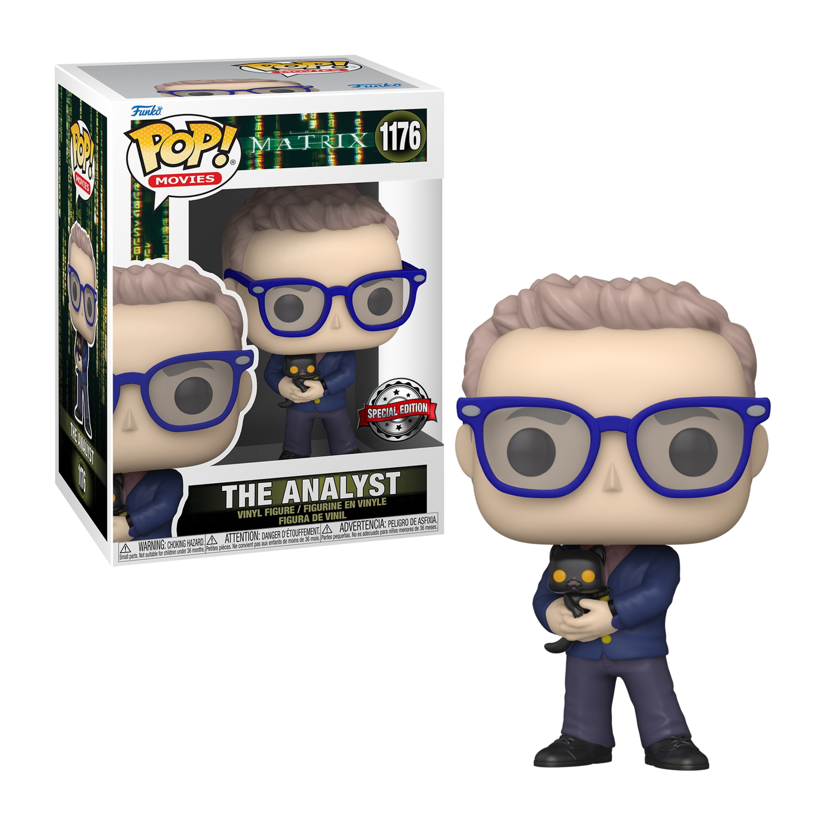 Una figura Funko Pop di The Analyst da The Matrix, che tiene in mano un gatto nero.