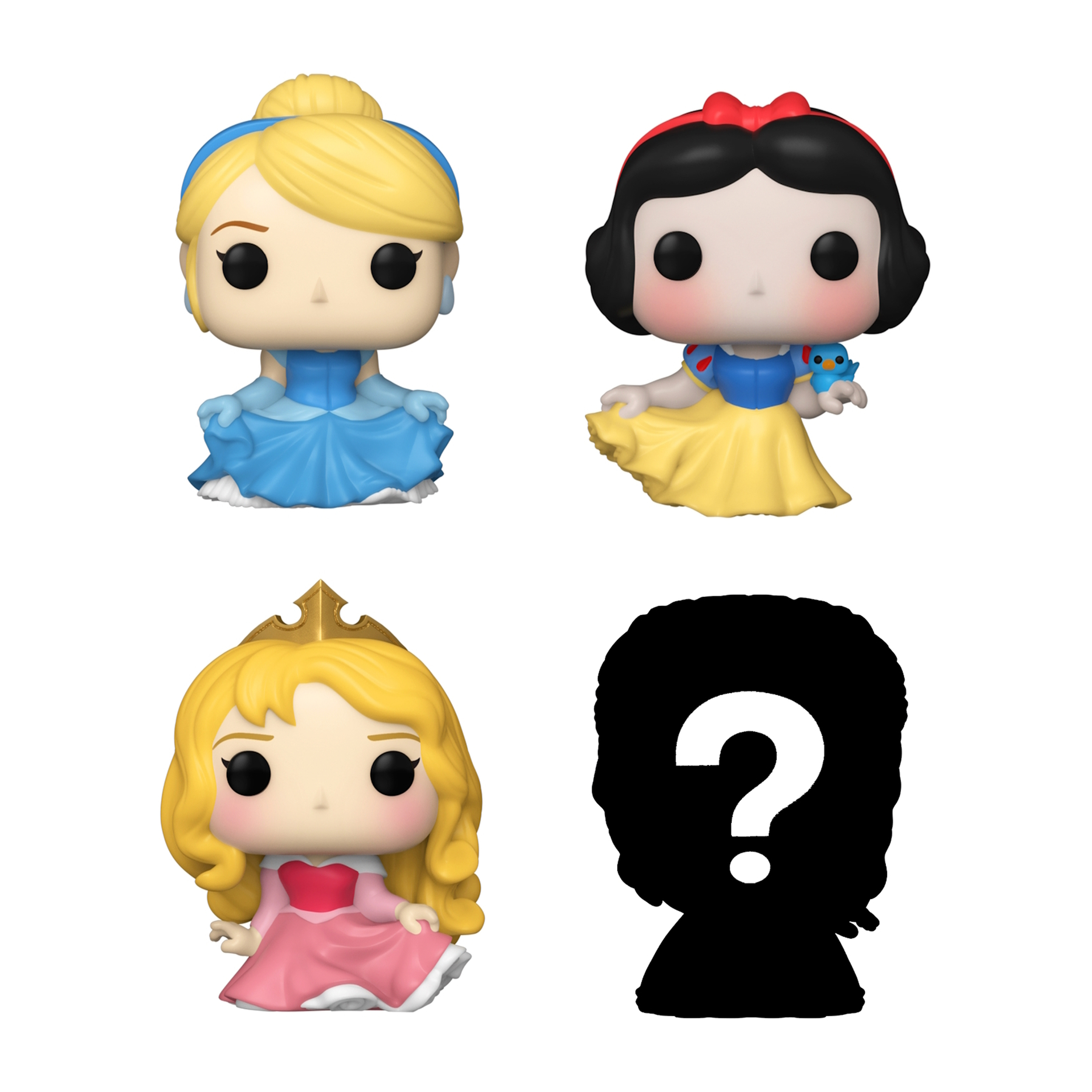 Cztery figurki Funko Pop Księżniczek Disneya: Kopciuszek, Królewna Śnieżka, Aurora i czarna sylwetka ze znakiem zapytania.