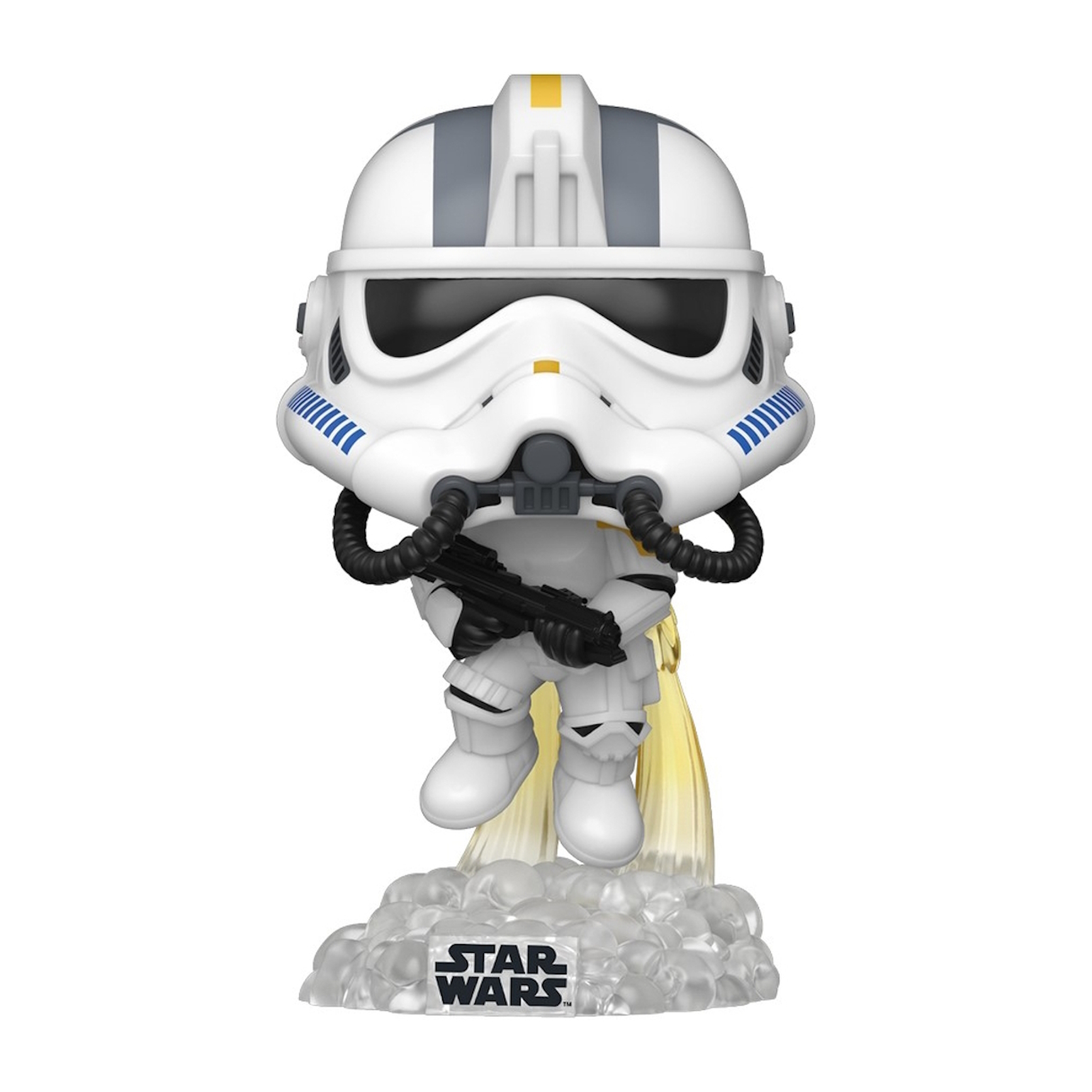 Figurina di Star Wars di un soldato bianco con una pistola, su una base trasparente, volante.