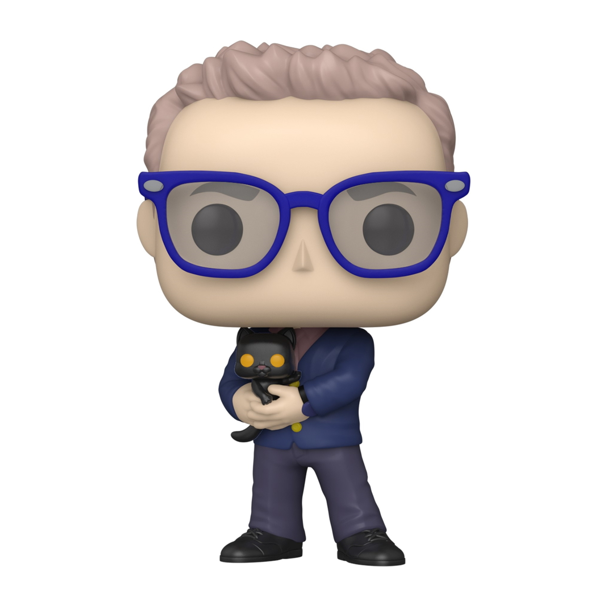 Figura Funko Pop di un uomo con gli occhiali che tiene un gatto nero.