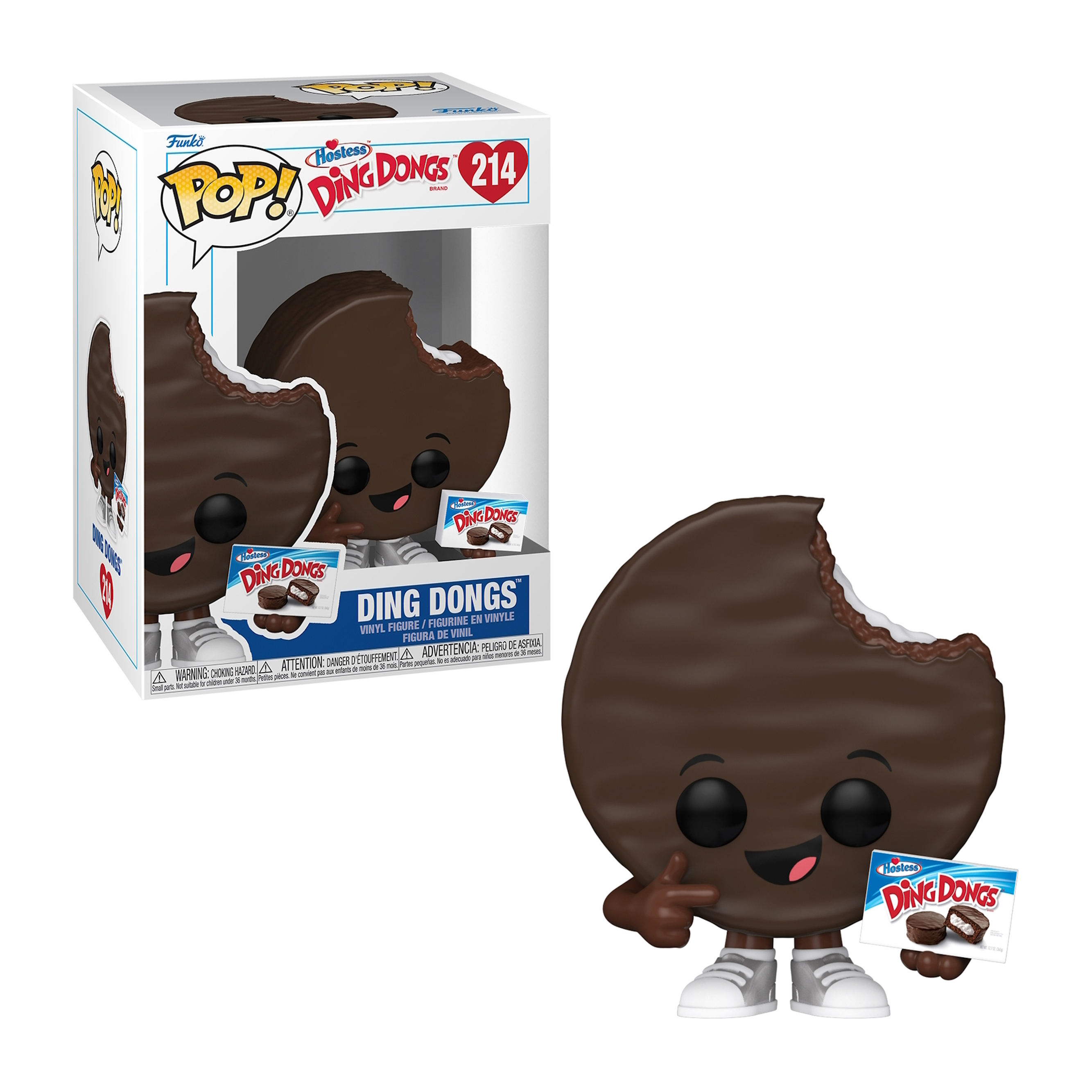Funko Pop di un Hostess Ding Dong, con un morso. La figura è su sfondo bianco.