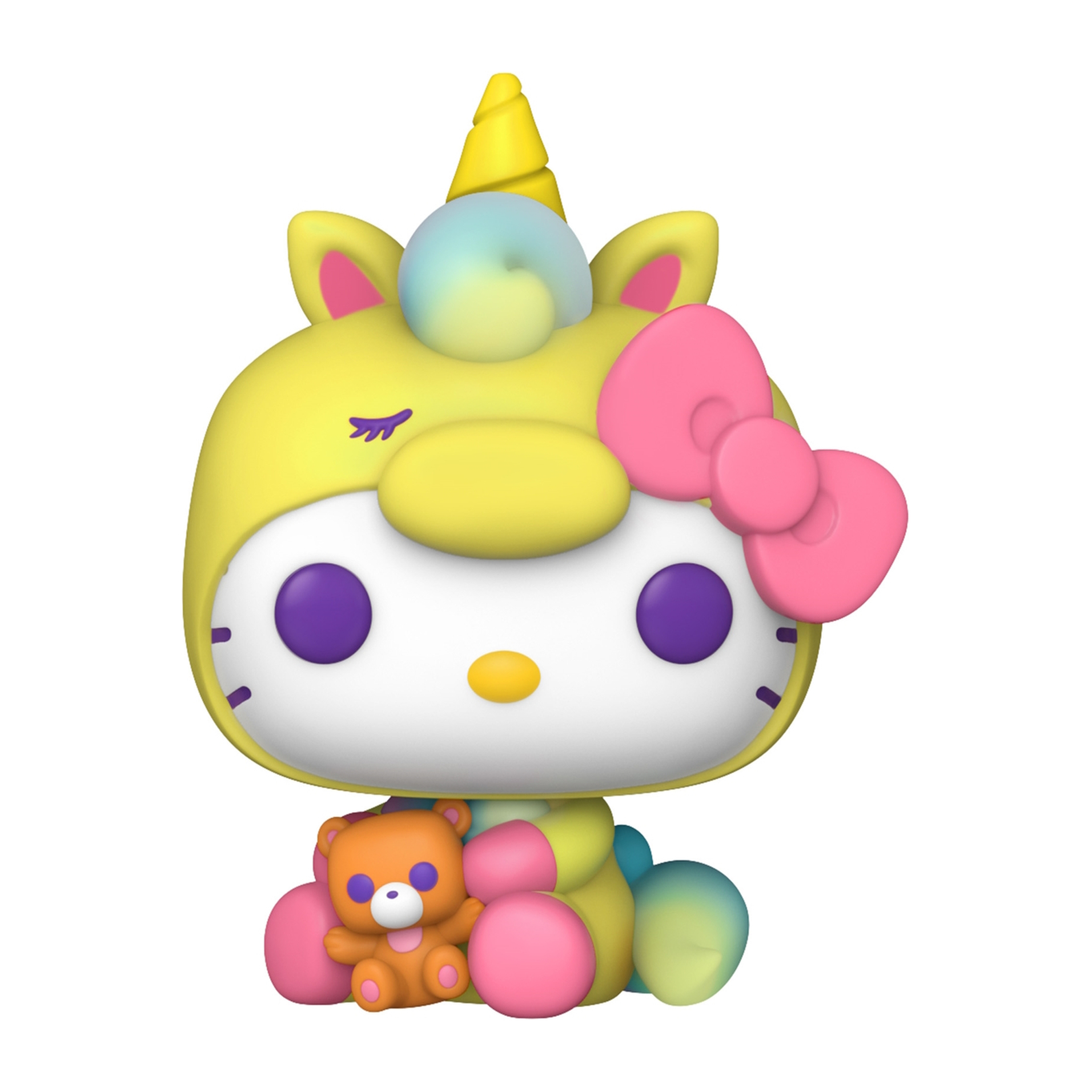 Hello Kitty Einhorn Funko Pop Figur. Gelber Einhorn-Anzug. Rosa Schleife und orangefarbener Teddybär.
