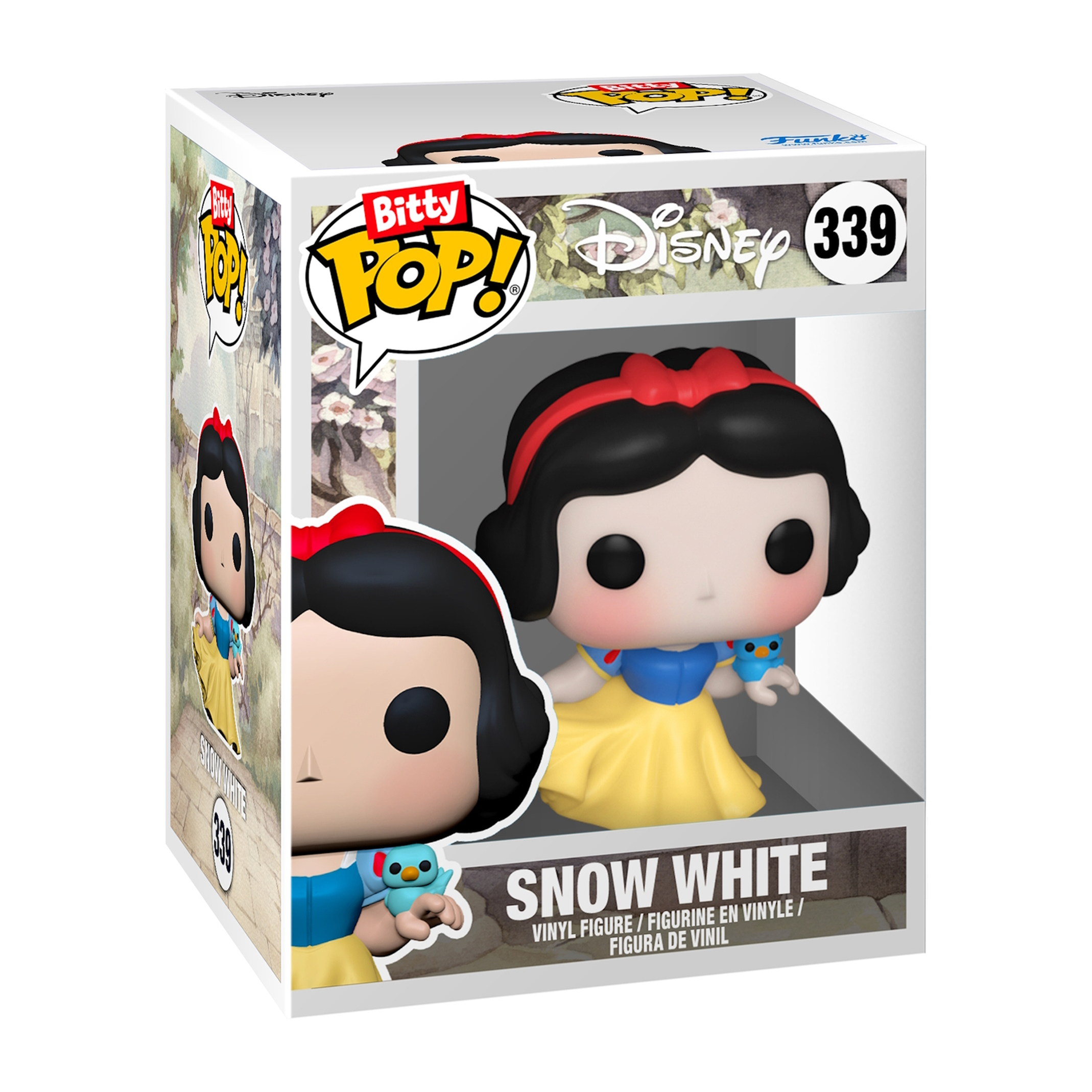 Figurka Królewny Śnieżki Funko Pop z pudełkiem. Trzyma niebieskiego ptaka, ma żółtą sukienkę i czerwoną kokardę na głowie.