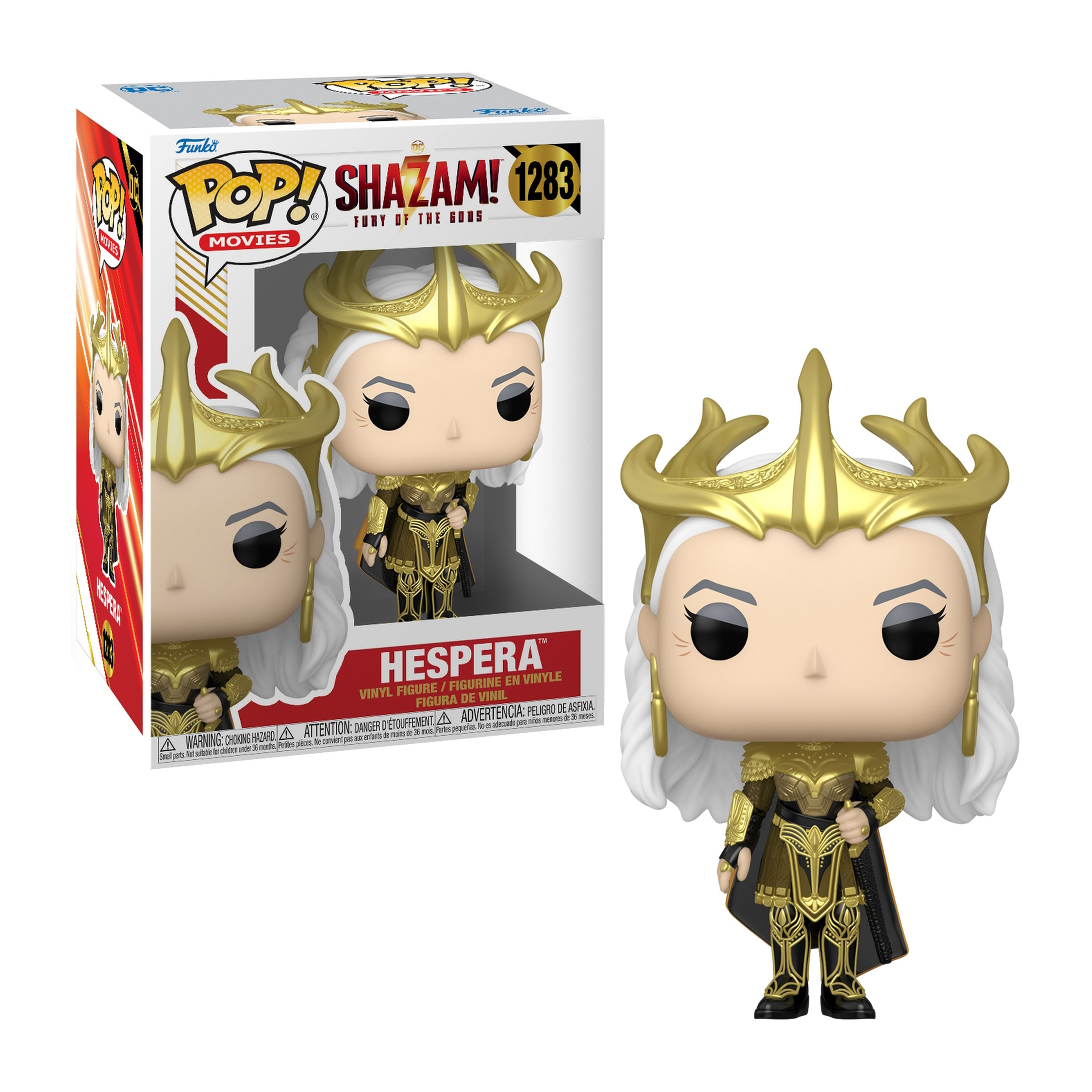 Eine Funko Pop-Figur von Hespera aus Shazam! Die Figur trägt eine goldene Krone und Rüstung.