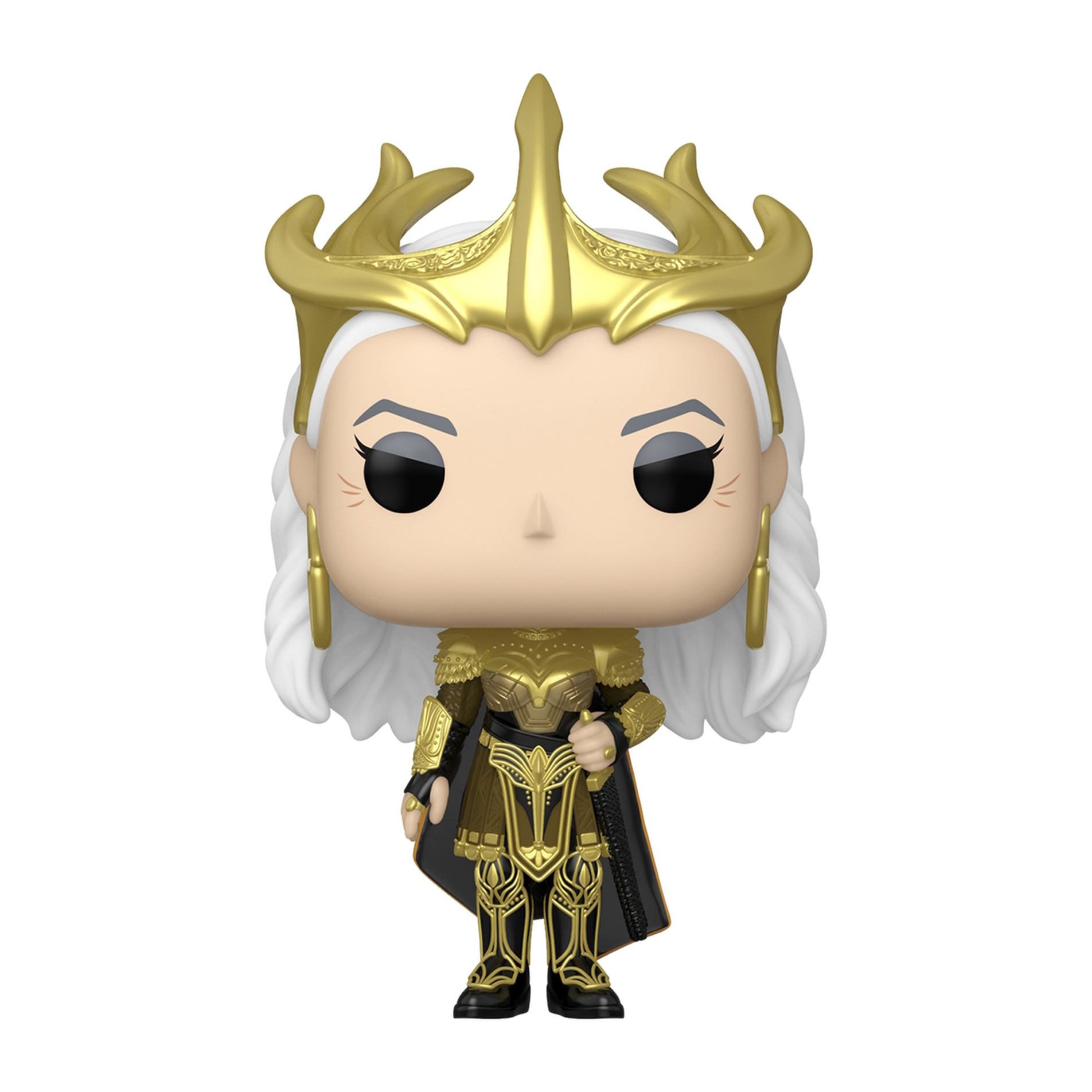 Eine Funko Pop Figur einer goldenen Königin mit Krone, Rüstung und schwarzem Umhang.