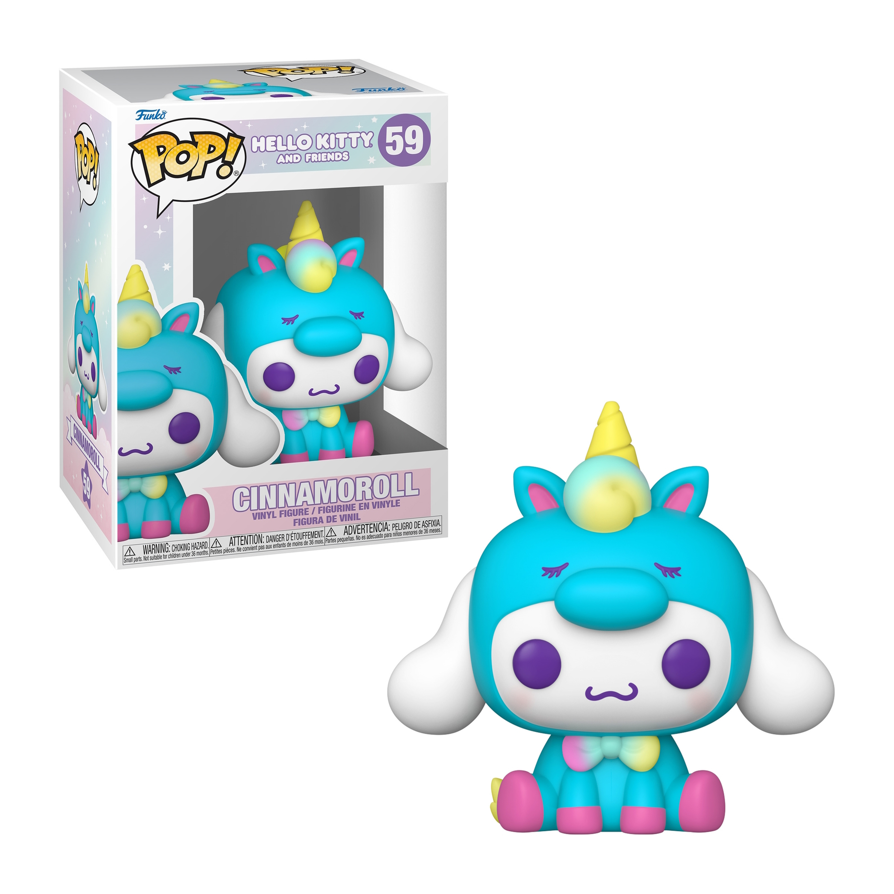 Eine Funko Pop Figur eines blauen Cinnamoroll-Charakters in einer Box. Es trägt ein Einhornhorn.