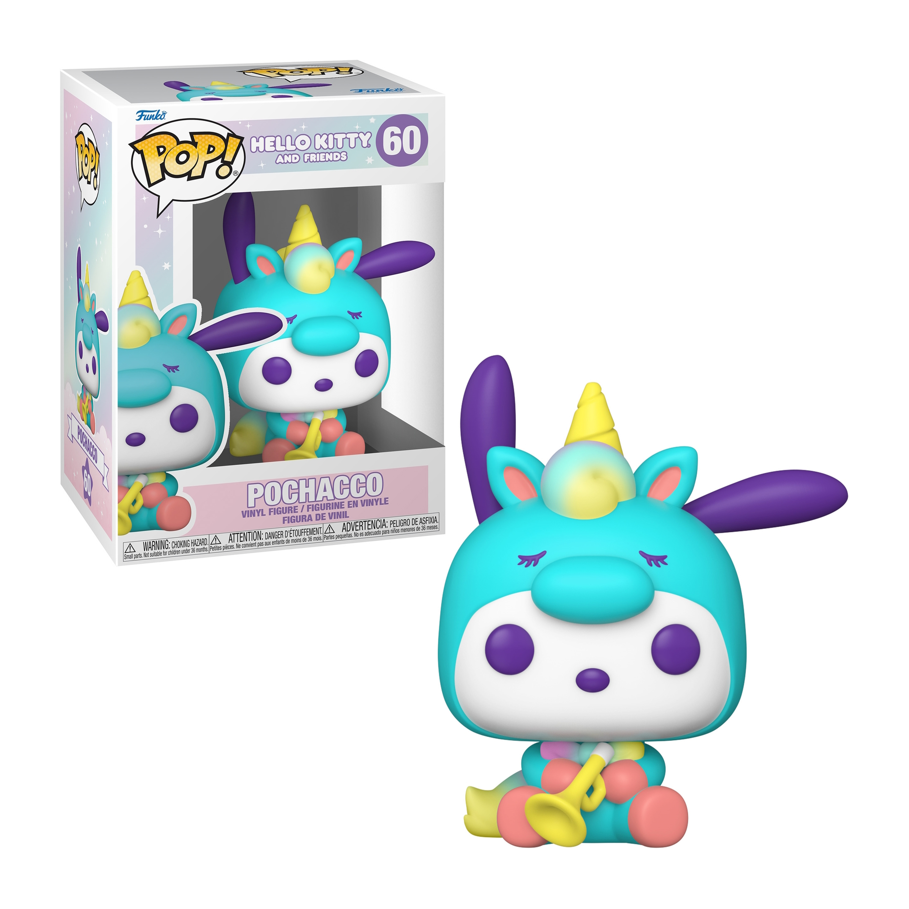 Figura Funko Pop de Pochacco, con cuerno, sosteniendo una trompeta, y en una caja.