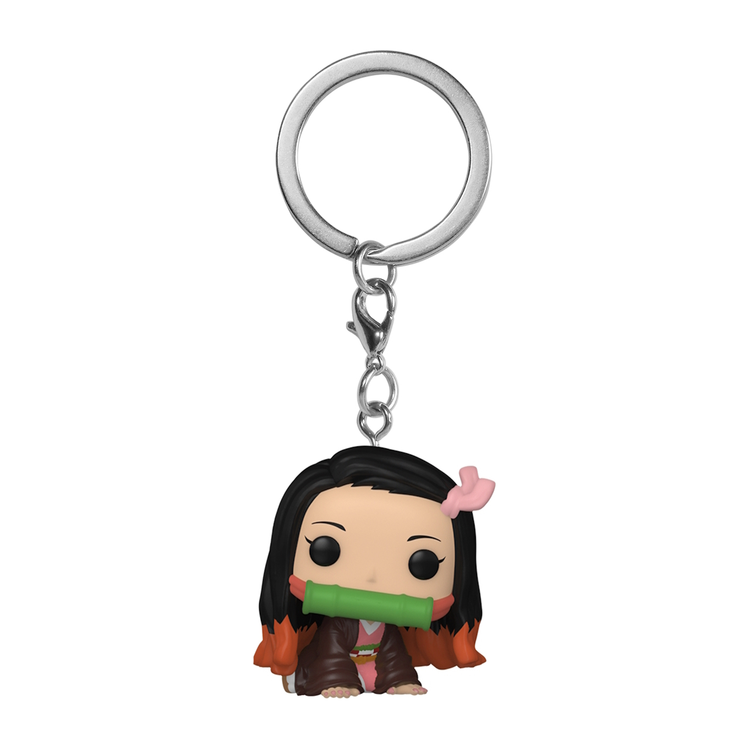 Un portachiavi di Nezuko da Demon Slayer, con un boccaglio di bambù verde e un anello d'argento.