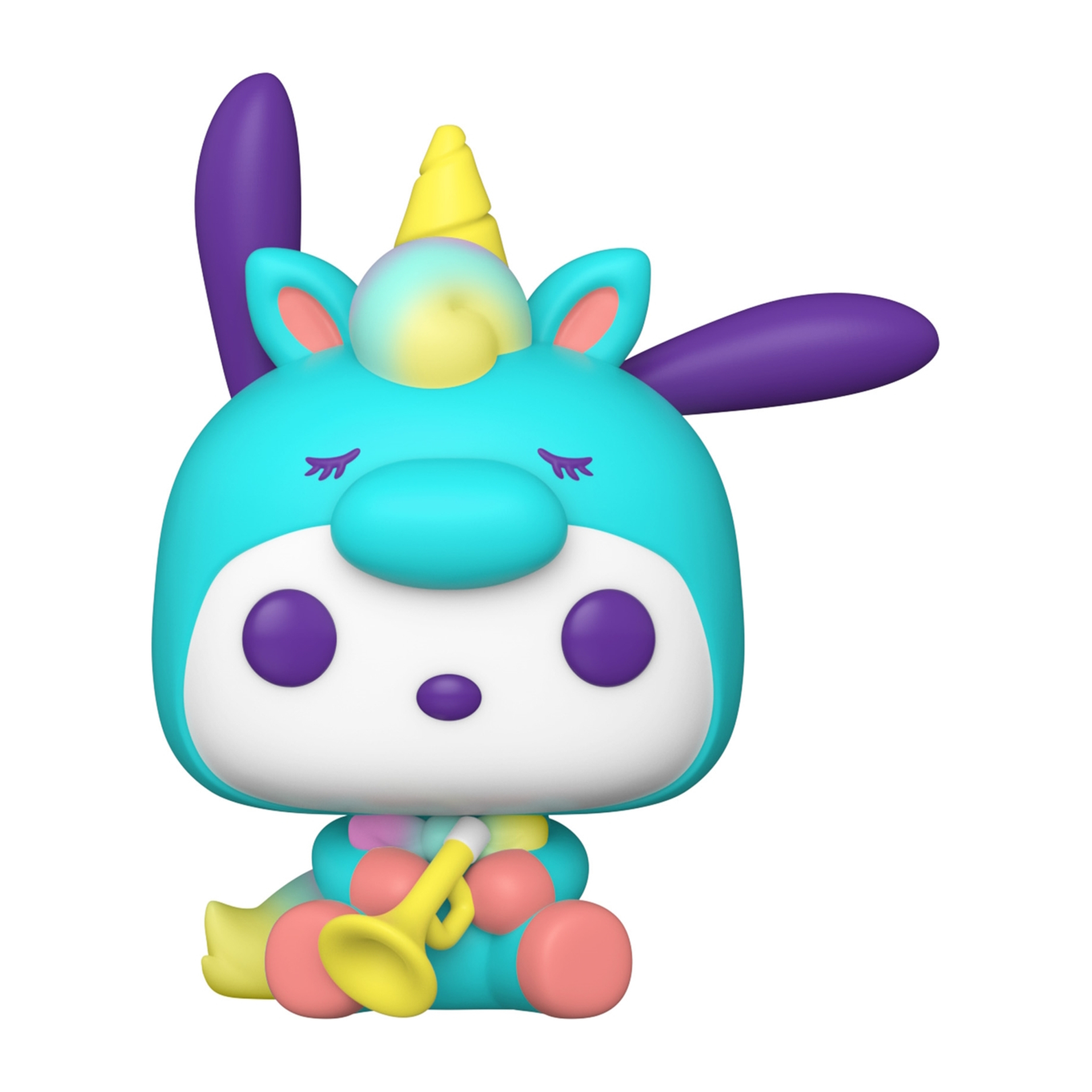 Una figura Funko Pop tipo unicornio en azul, morado y amarillo, sosteniendo una trompeta.