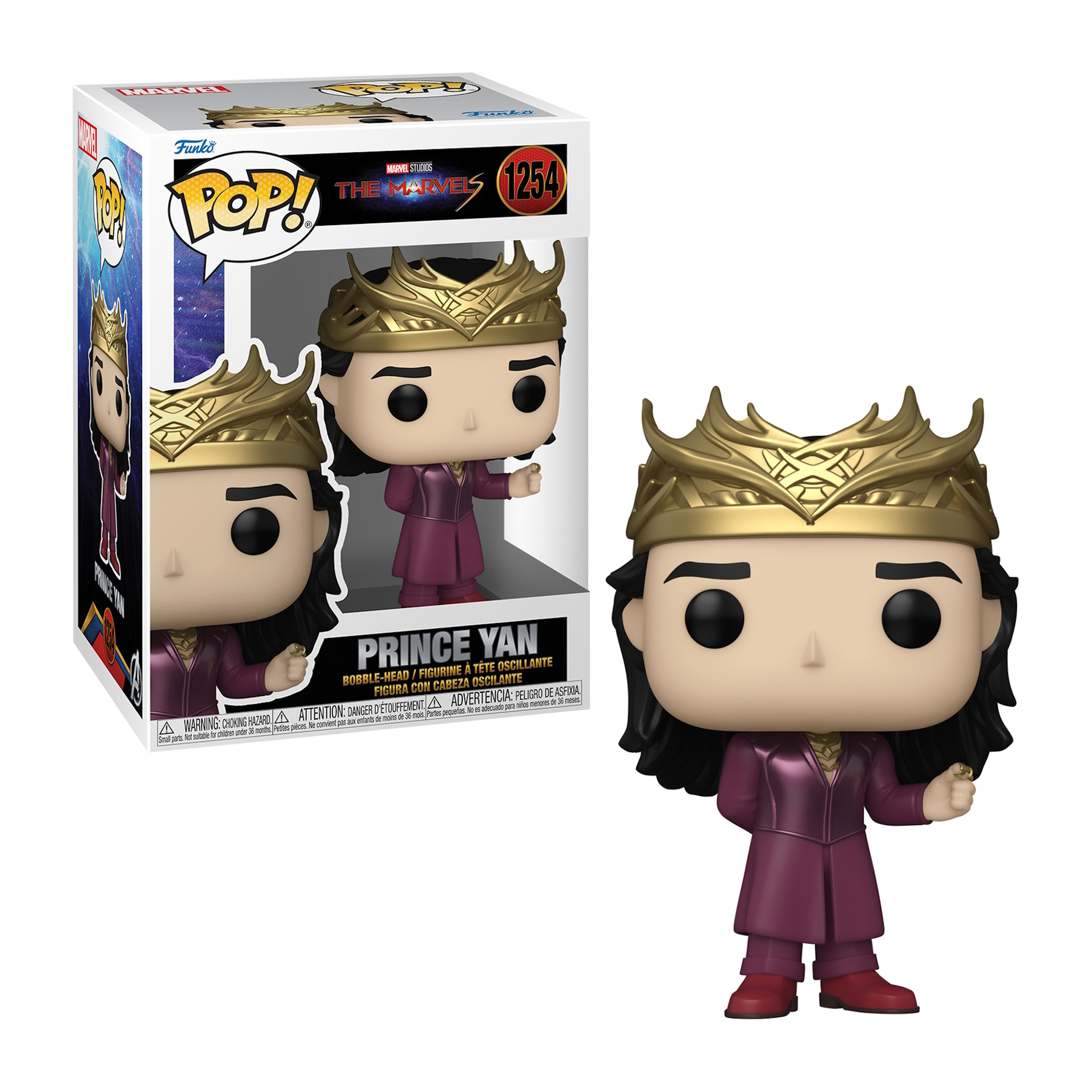Funko Pop! Figur von Prinz Yan aus The Marvels, in einer Box mit der Figur draußen.