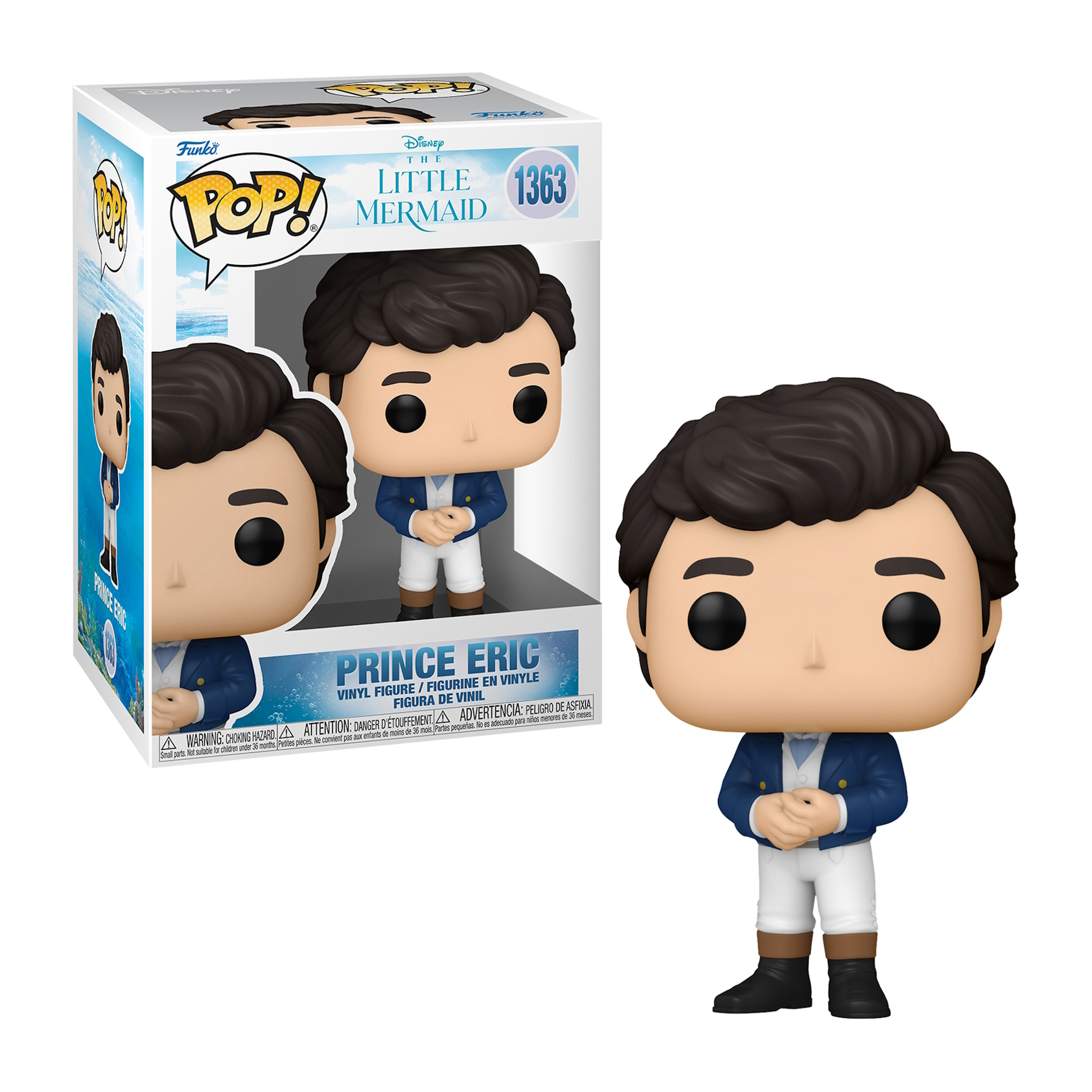 Prinz Eric Funko Pop Figur, in einer Box, trägt eine blaue Jacke und weiße Hose.