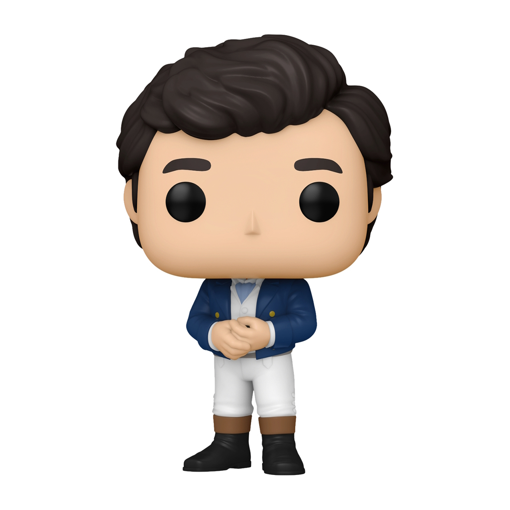 Funko Pop-Figur eines Mannes in einer blauen Jacke, weißer Hose und braunen Stiefeln.