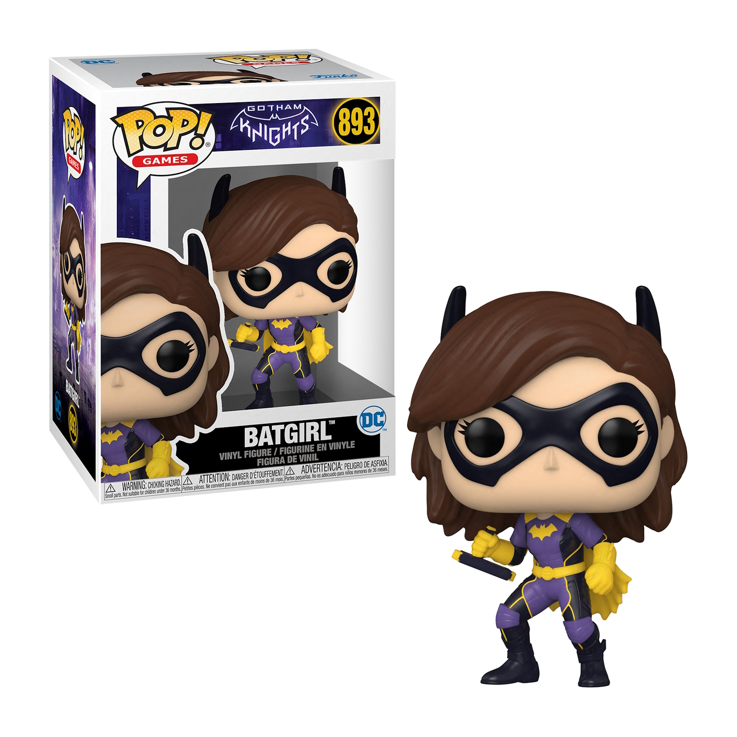 Funko Pop di Batgirl dentro e fuori dalla scatola. Indossa un costume viola e giallo.