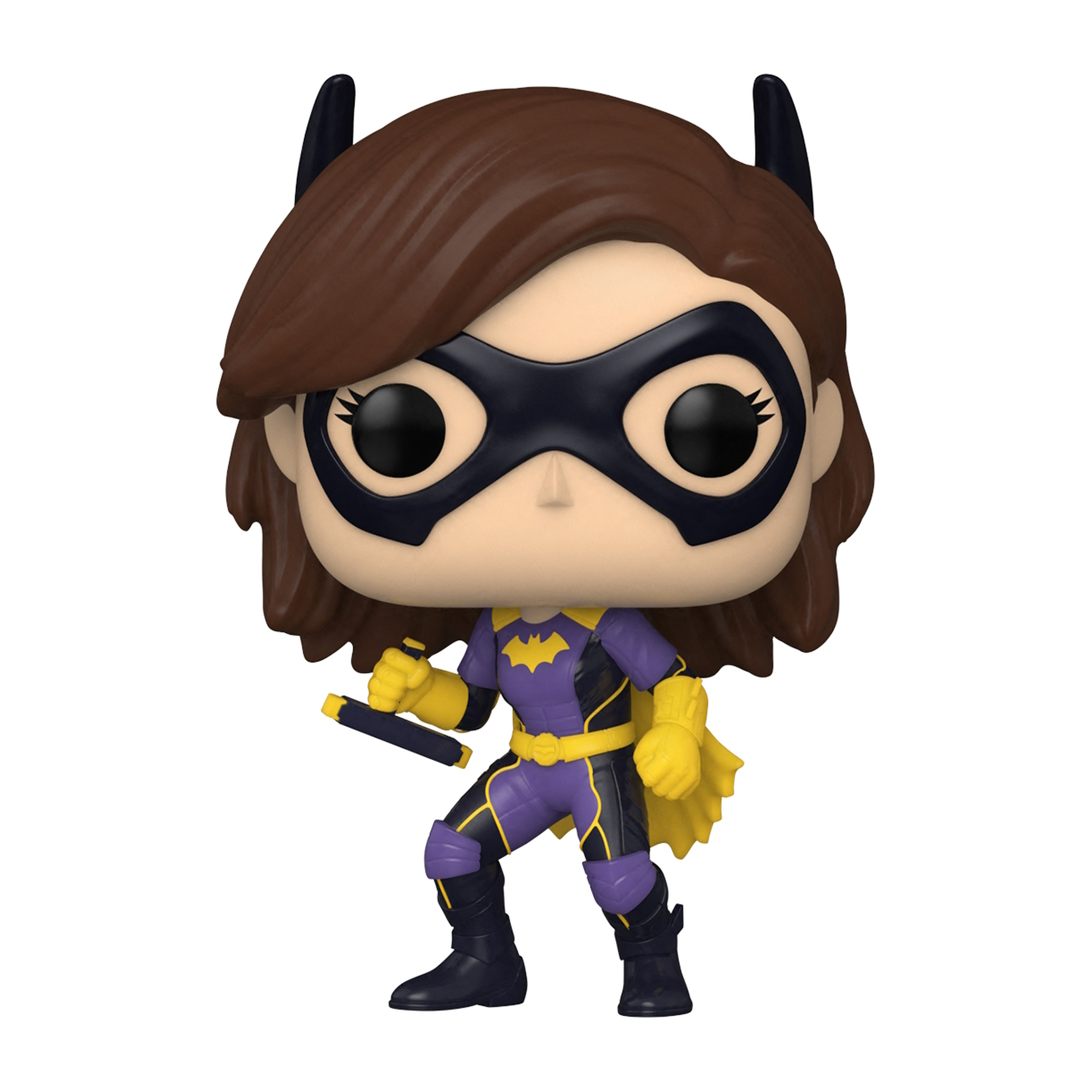 Funko Pop di Batgirl in costume viola e giallo, con un'arma.