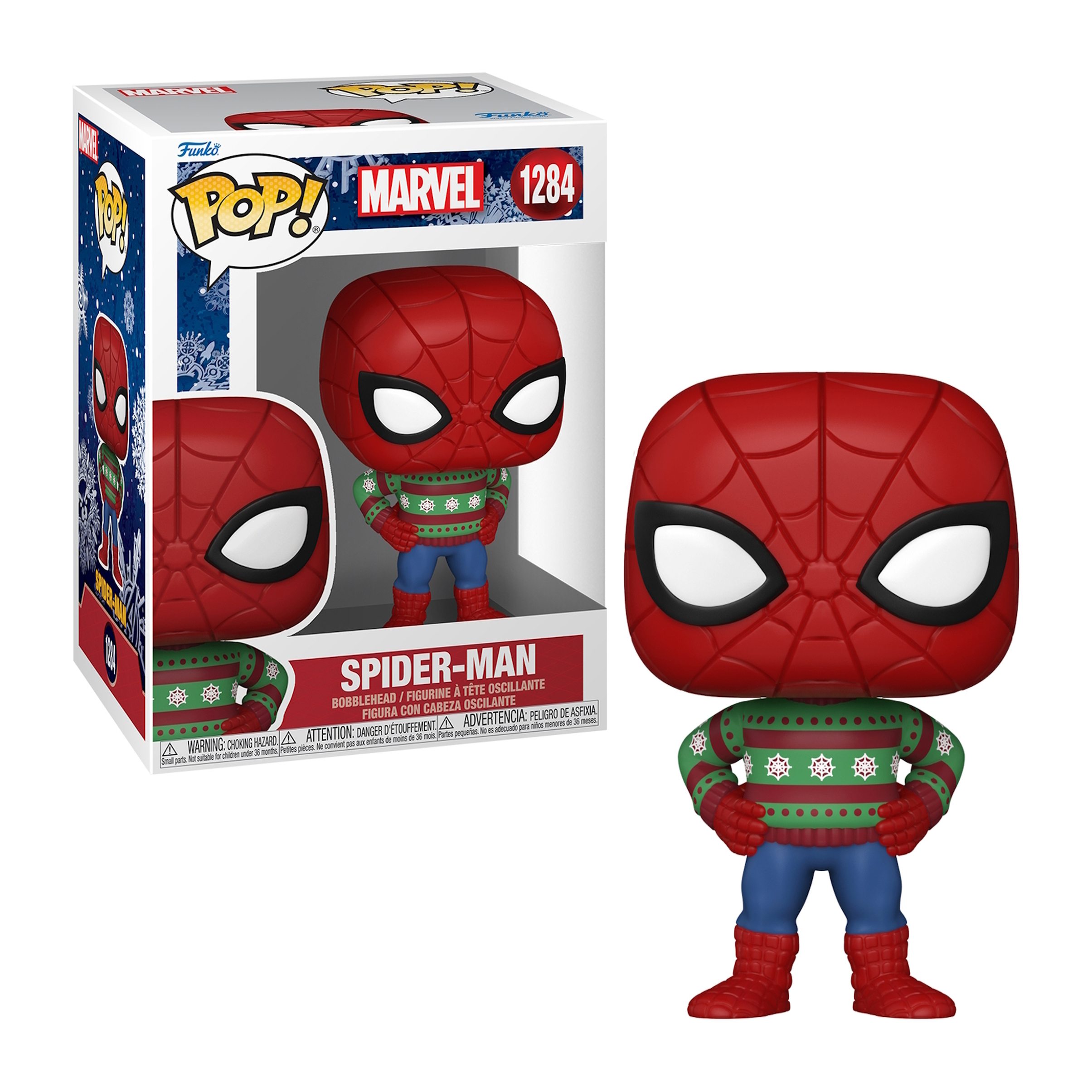 Figura di Spider-Man Funko Pop con un maglione natalizio, con una scatola dietro.