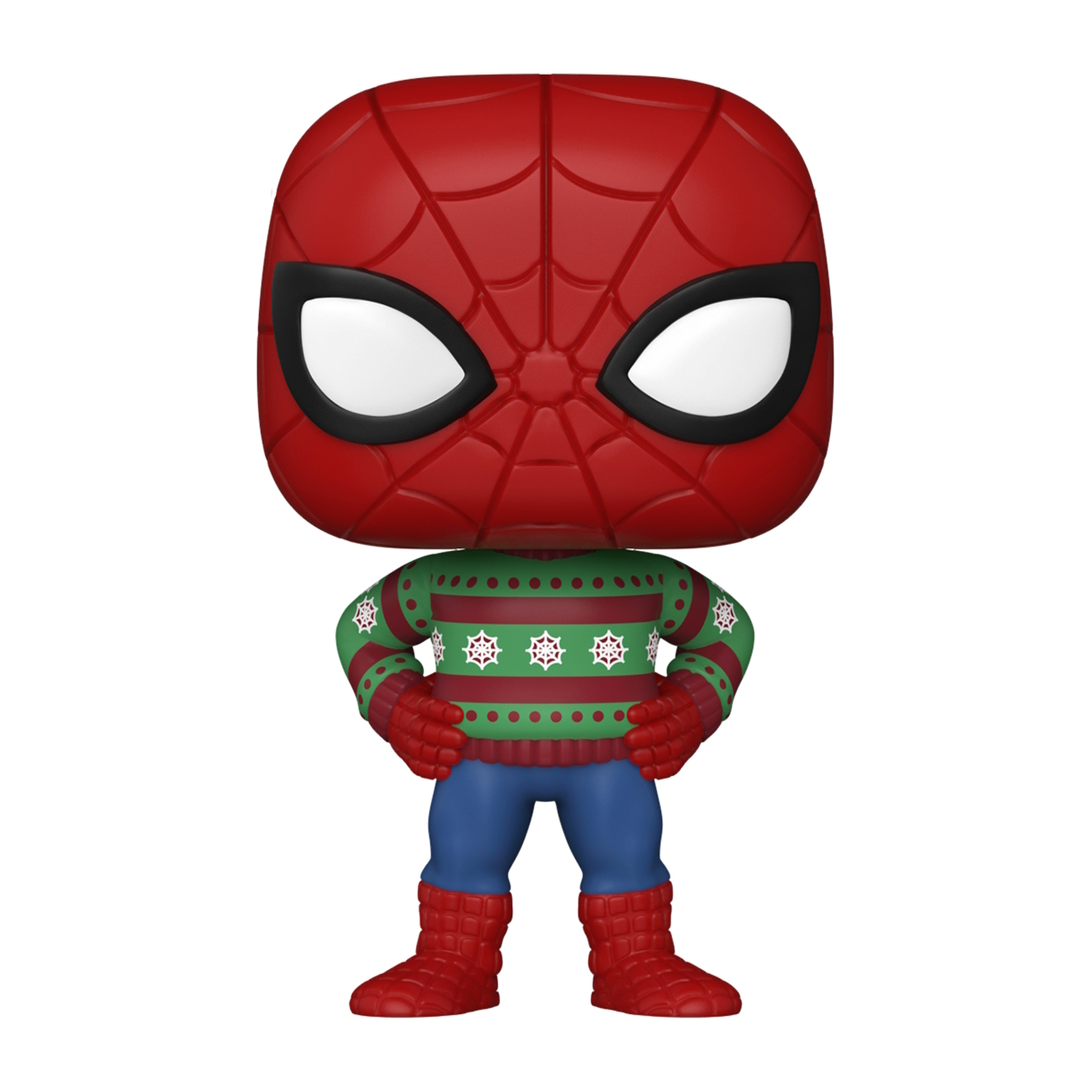 Figura di Spider-Man Funko Pop con un maglione natalizio. Colori rosso e verde. Sfondo bianco.