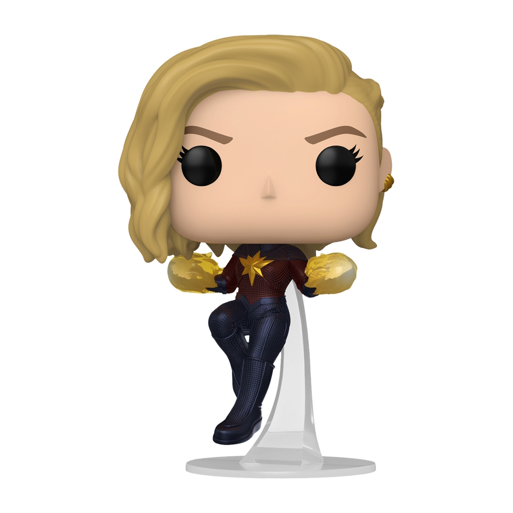 Figura Funko Pop di Captain Marvel. Capelli biondi, orecchini d'oro. Abito rosso, oro e blu. Supporto trasparente.
