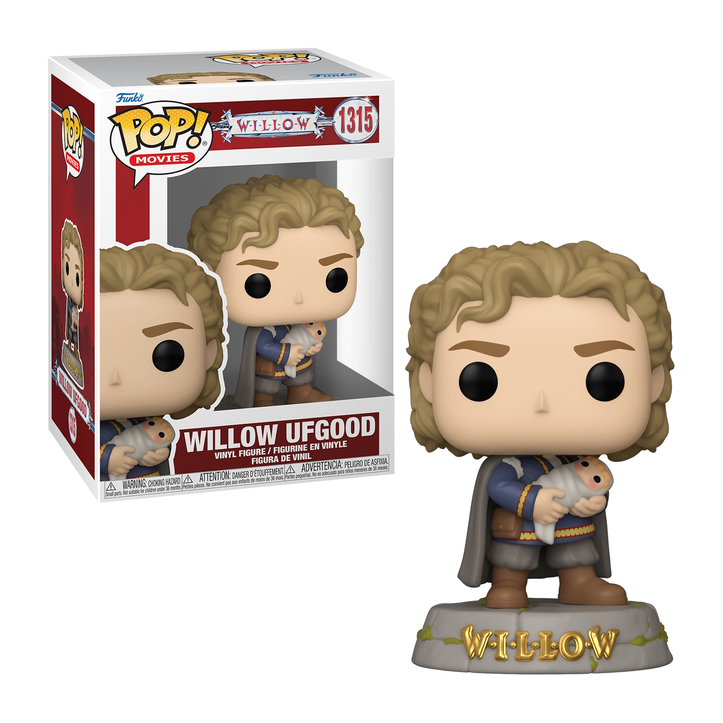 Figura Funko Pop di Willow Ufgood con scatola, che tiene un bambino, con un mantello, su una base.