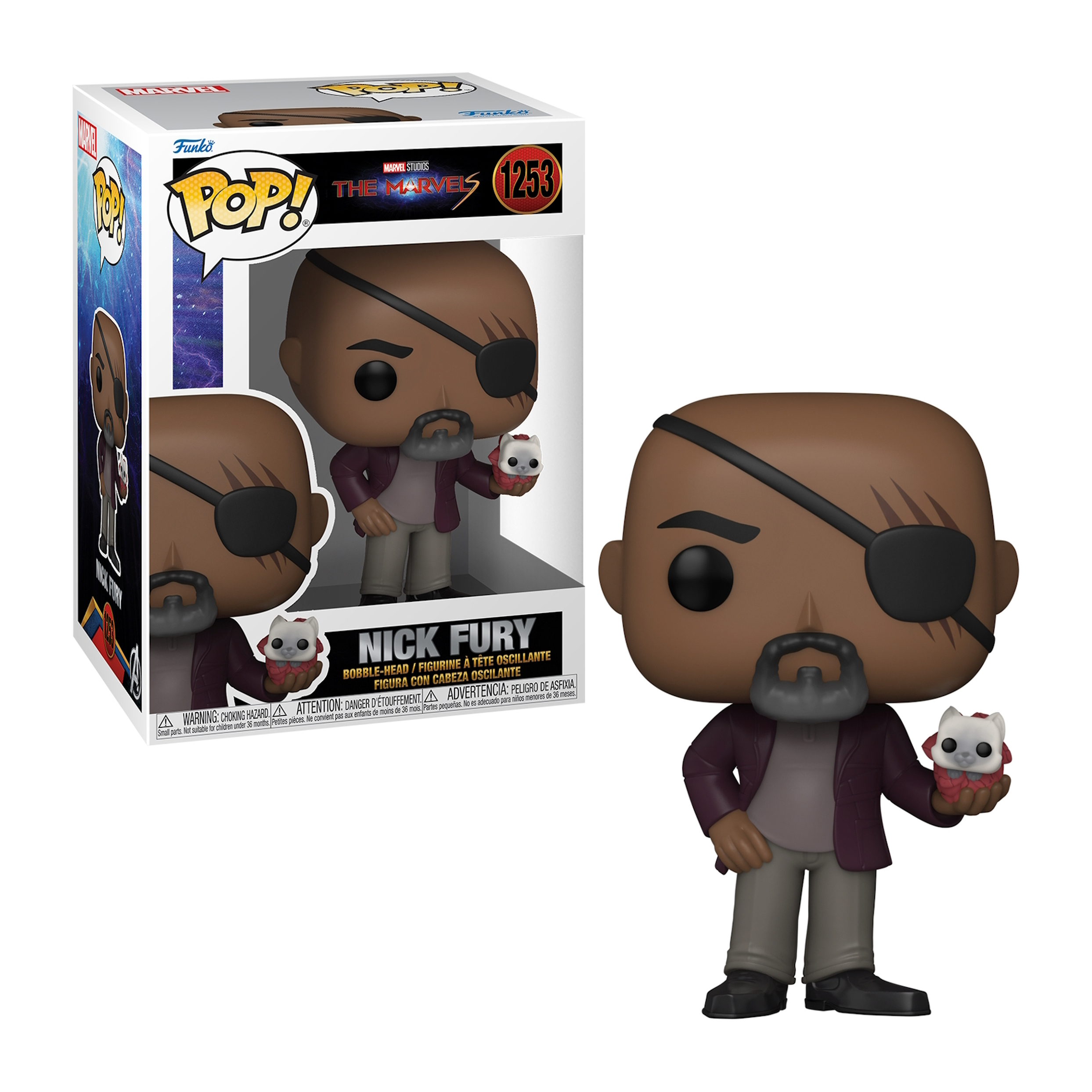 Figura di Nick Fury Funko Pop! con un gatto, in una scatola e la figura in piedi.