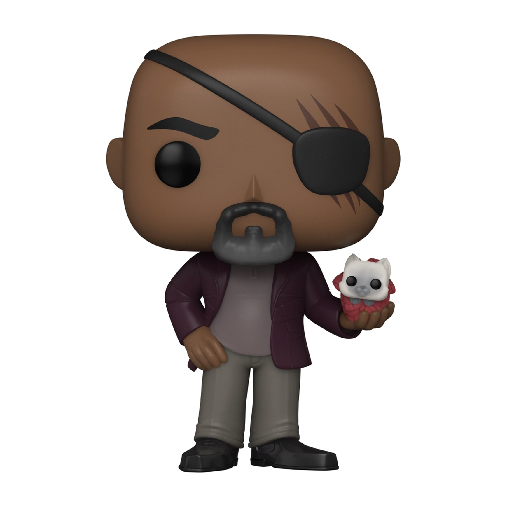 Figura Funko Pop di Nick Fury che tiene un gattino. Fury ha una benda sull'occhio e una barba grigia.