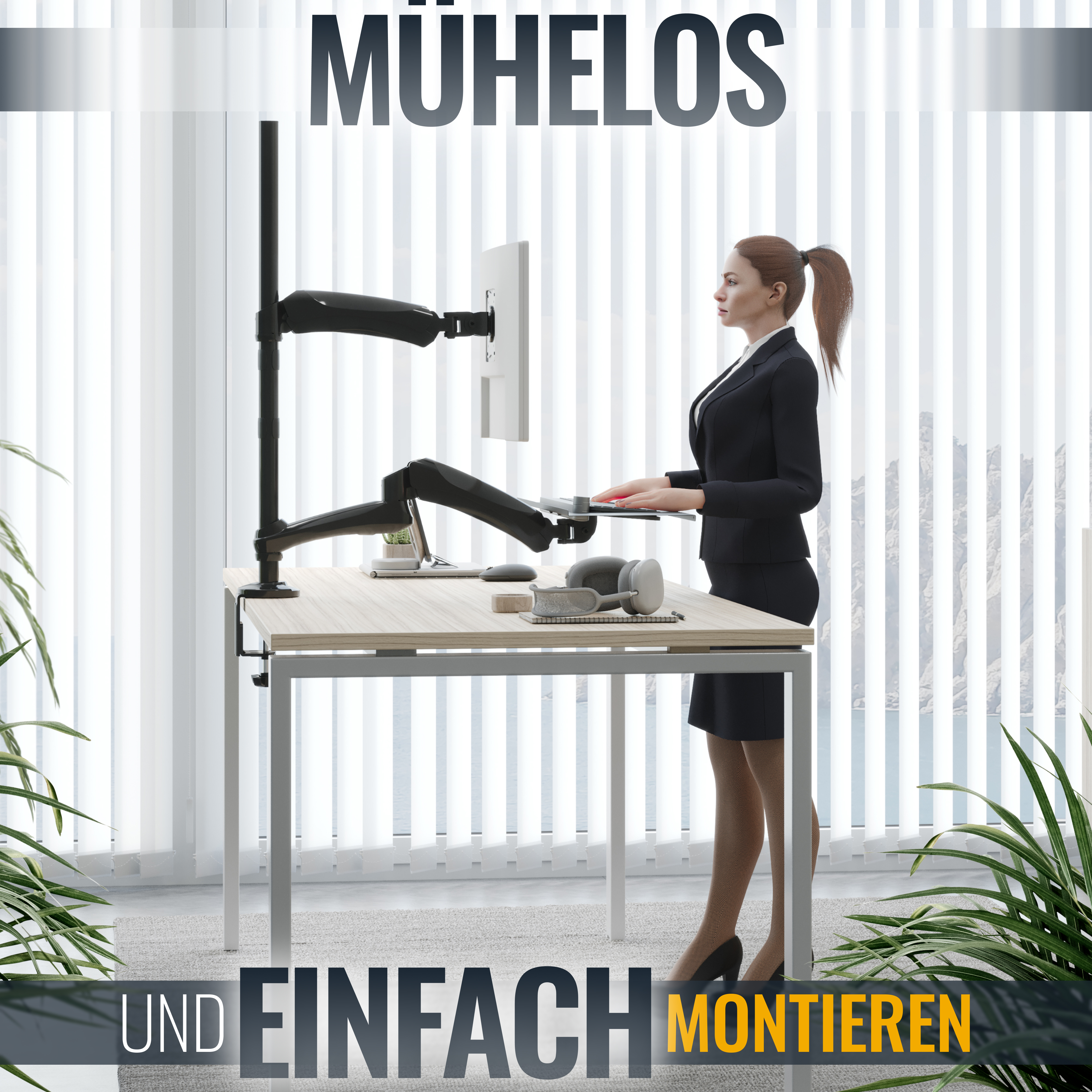 Eine Frau arbeitet an einem Stehpult mit Doppelmonitorarmen.