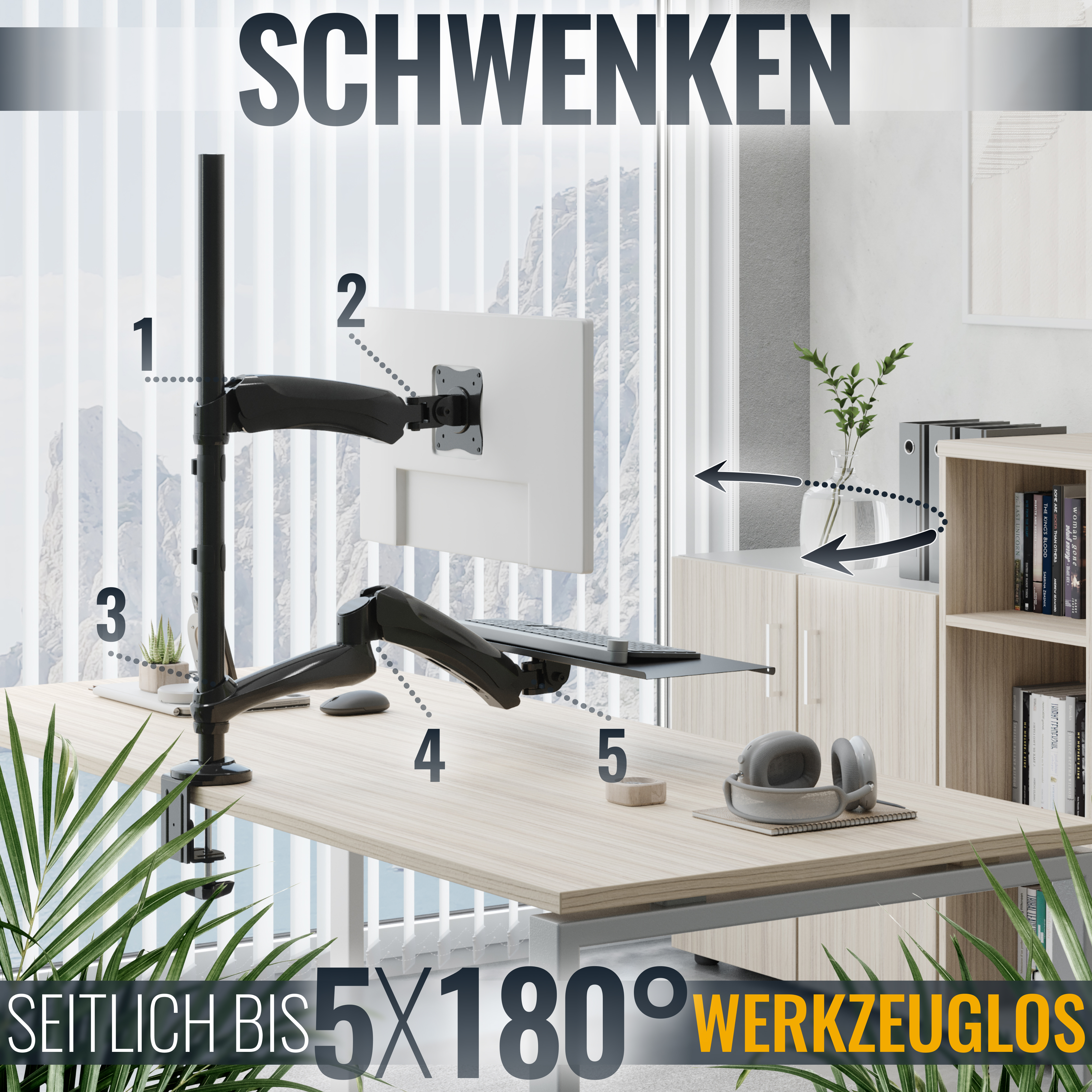 Schreibtischhalterung für einen Monitor. Hat mehrere verstellbare Arme.