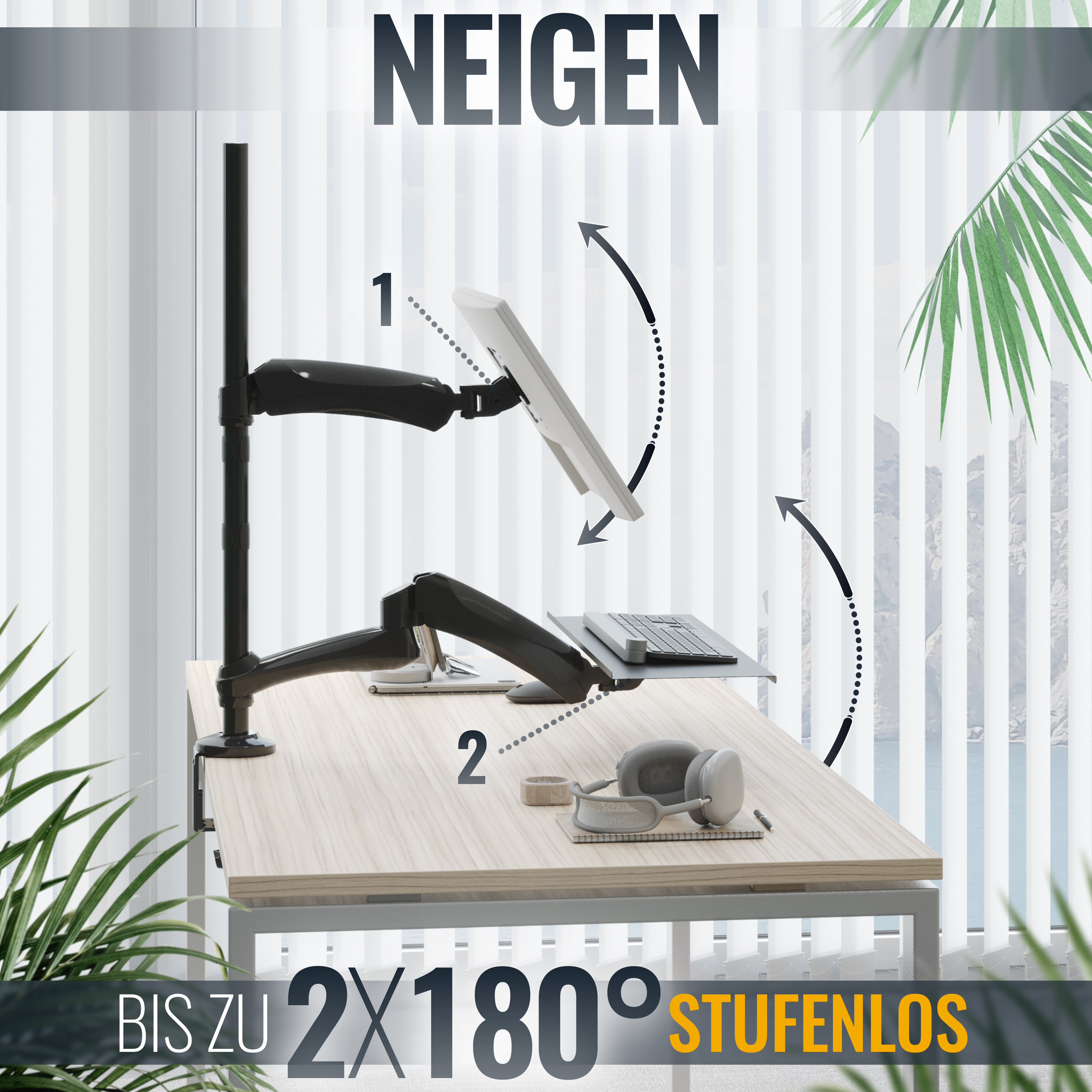 Ein Monitorarm mit verstellbarem Bildschirm. Schreibtisch mit Tastatur, Maus und Kopfhörern im Vordergrund.