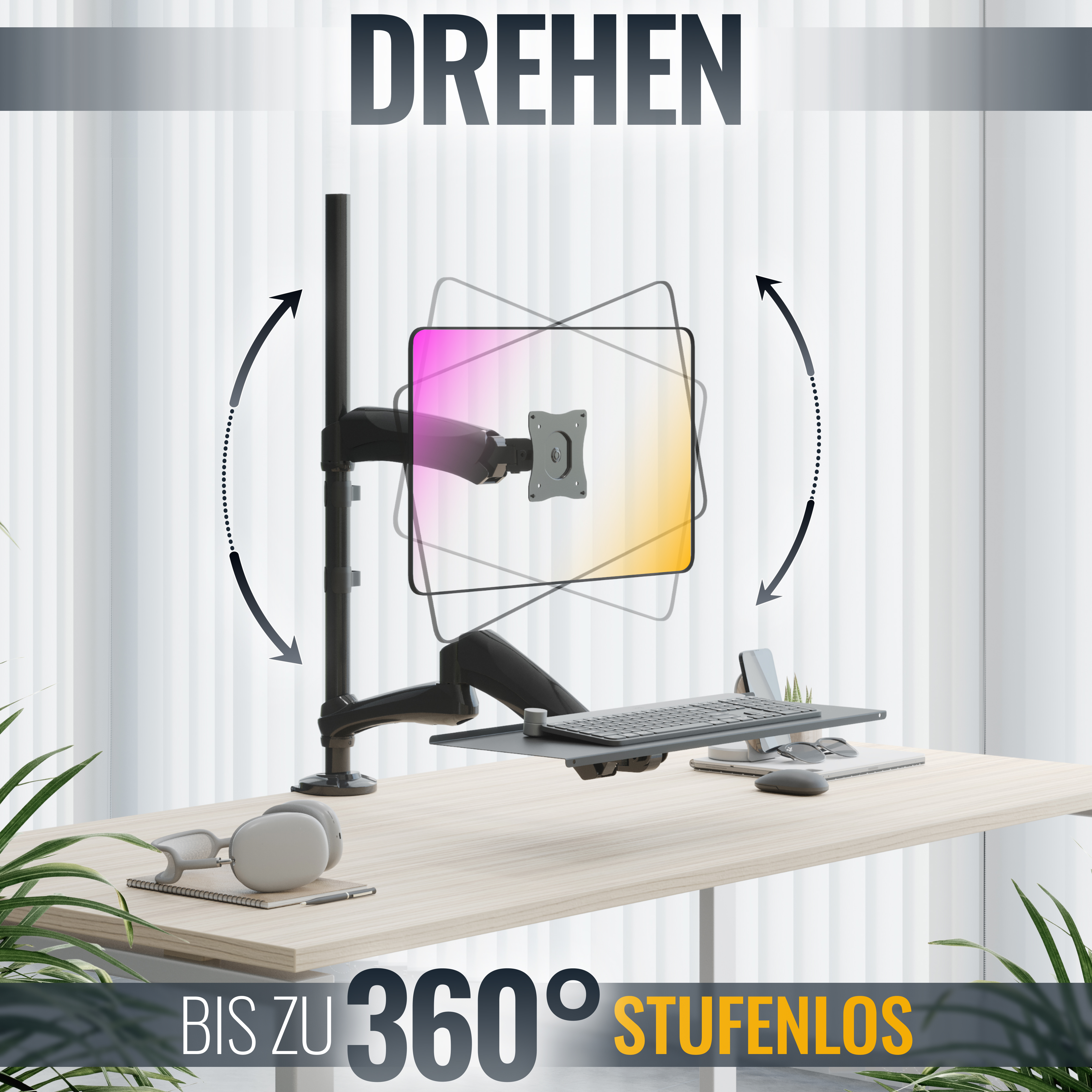 Ein Monitorarm mit Tastatur und Maus auf einem Schreibtisch. Pfeile zeigen 360-Grad-Drehung an.