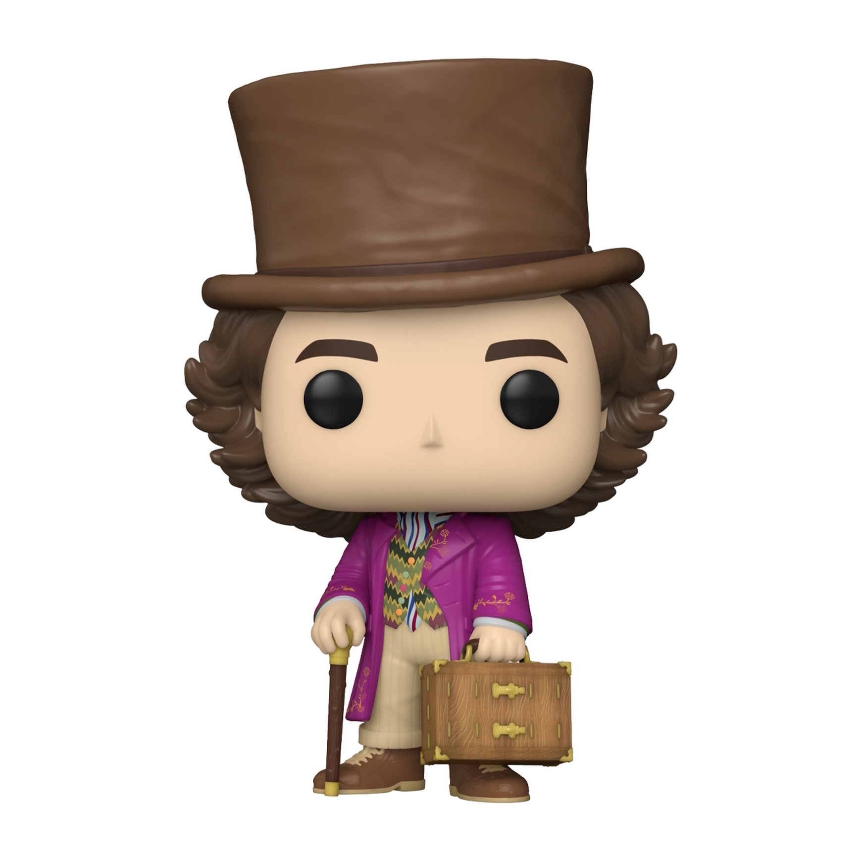 Figura Funko Pop di Willy Wonka. Indossa un cappotto viola, cilindro, valigia e bastone.