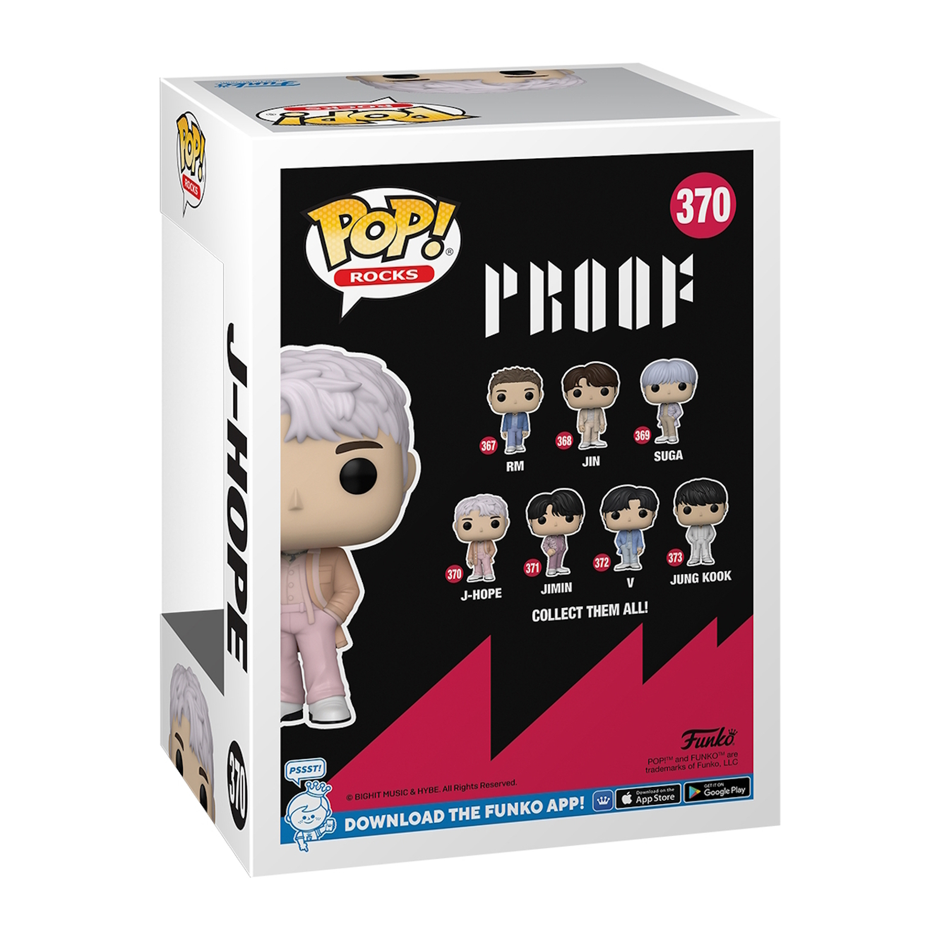 Caja Funko Pop! Rocks, figura de J-Hope, con una lista de otros miembros de BTS en la parte posterior.