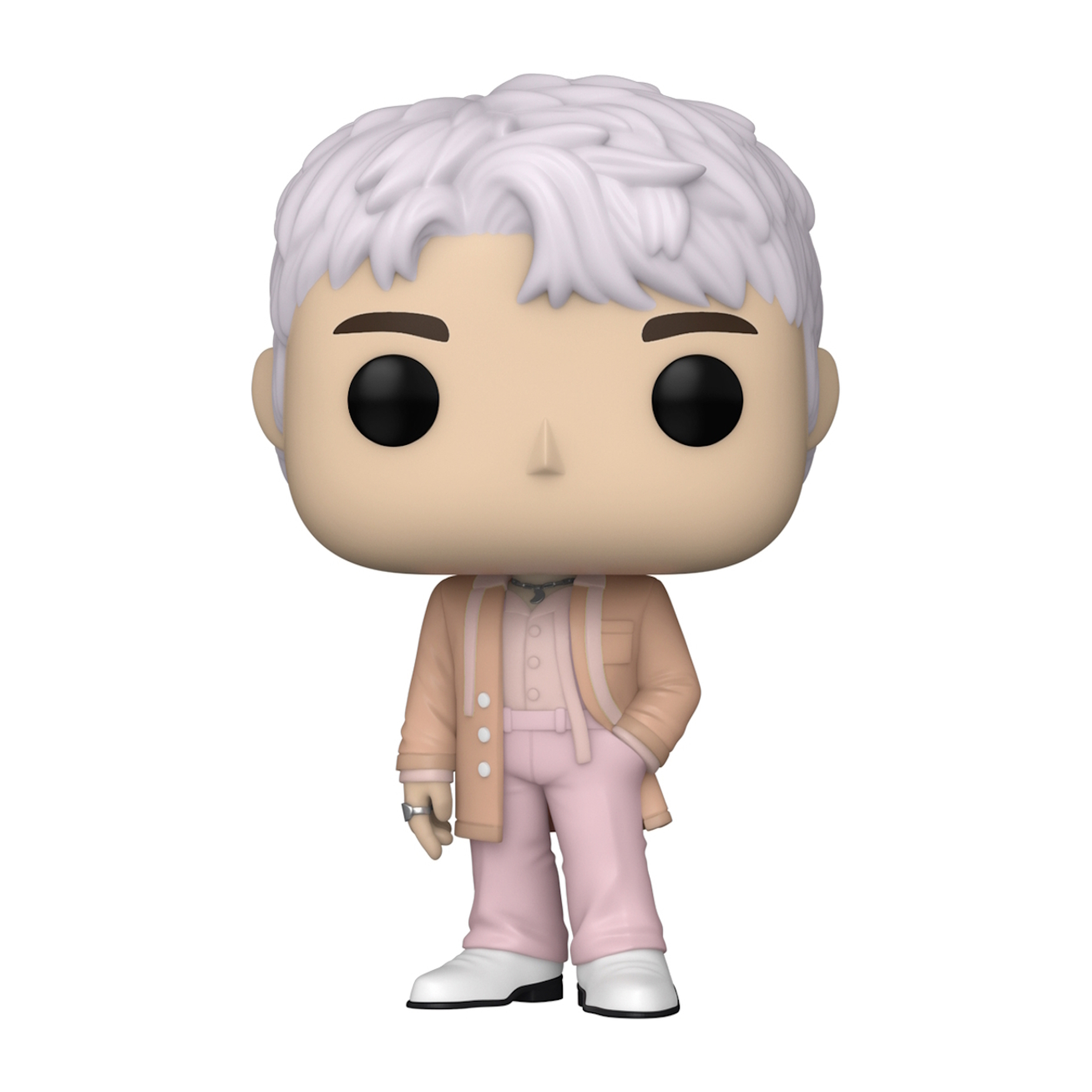 Figura Funko Pop de un personaje con traje rosa y cabello blanco, con ojos negros.