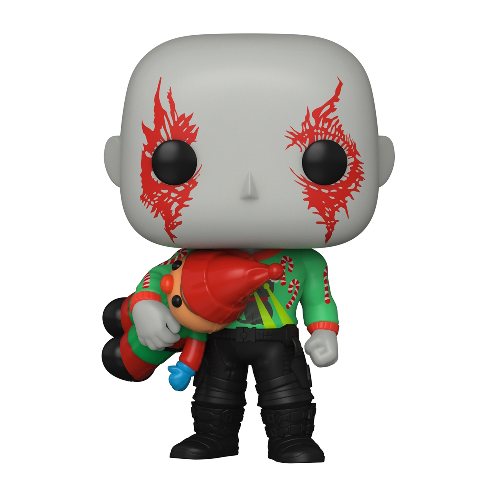 Figurka Funko Pop szarego kosmity trzymającego gnoma w świątecznym swetrze.