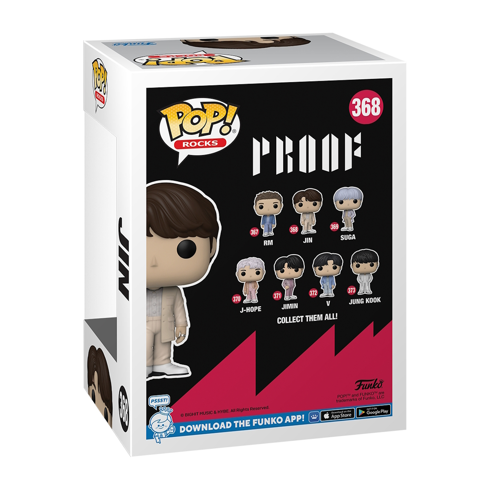 Witte Funko Pop! Rocks Proof doos, Jin figuur. Zwarte achtergrond met figuren. Rode accenten.