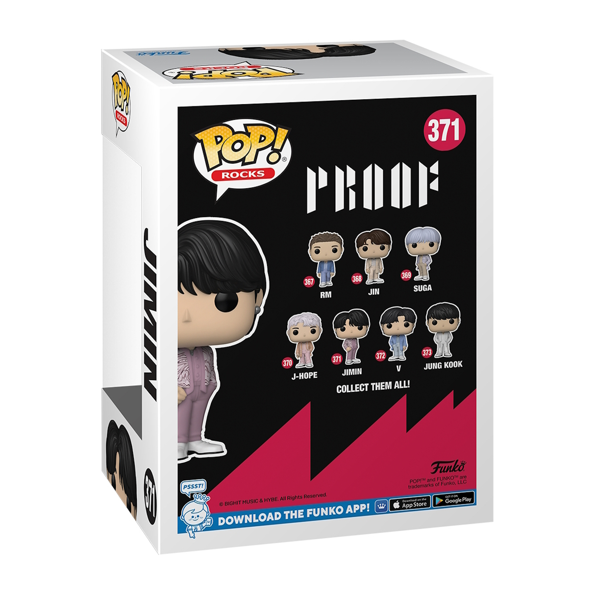 Scatola Funko Pop con una figura di un membro dei BTS all'interno. Mostra i membri della band e dettagli.