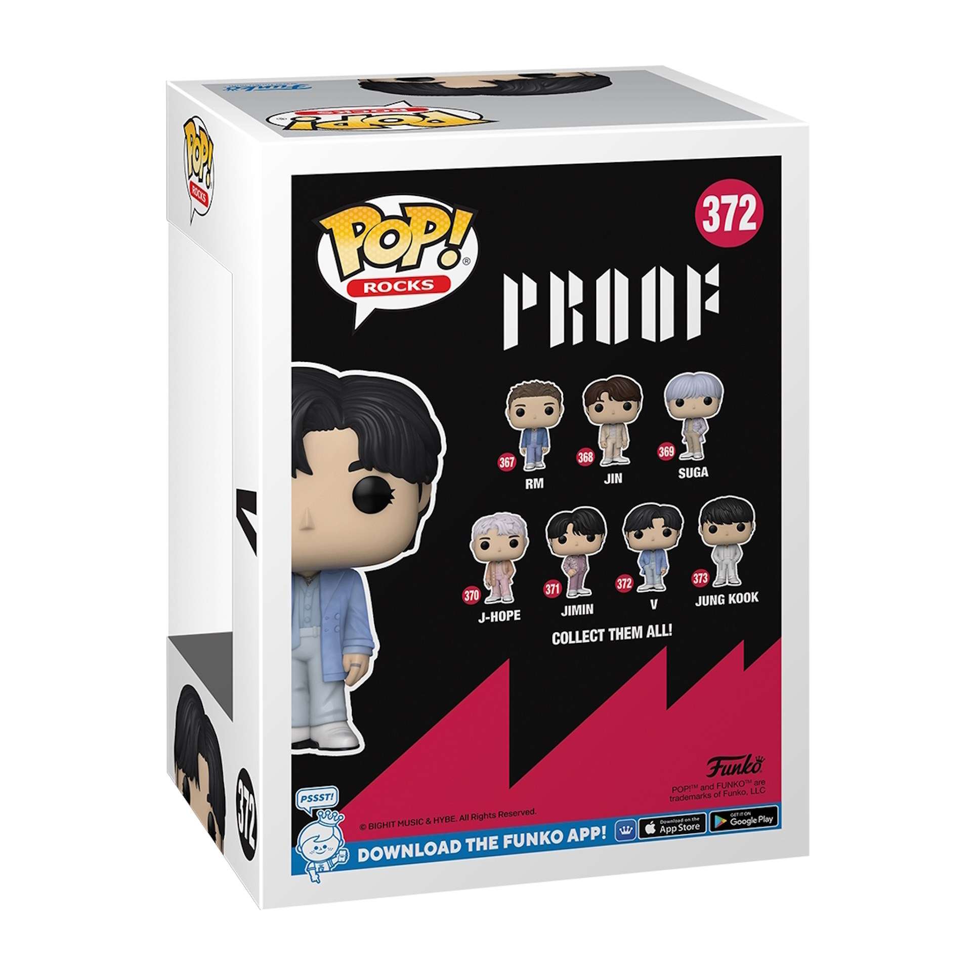 Retro di una scatola Funko Pop con le figure dei membri della band BTS, la parola 'PROOF'.