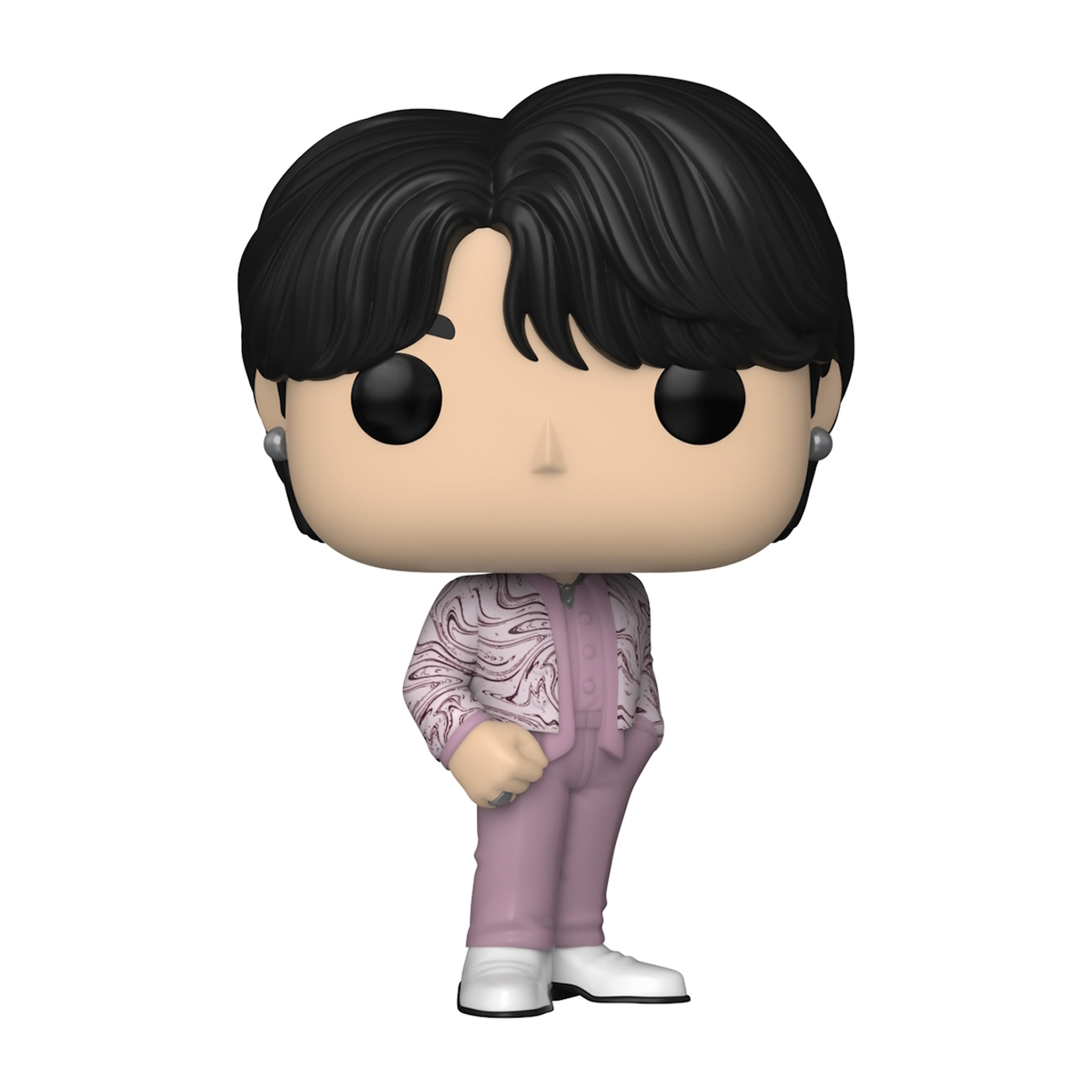 Personaggio Funko Pop di un uomo con capelli neri in abito rosa. Ha occhi neri.