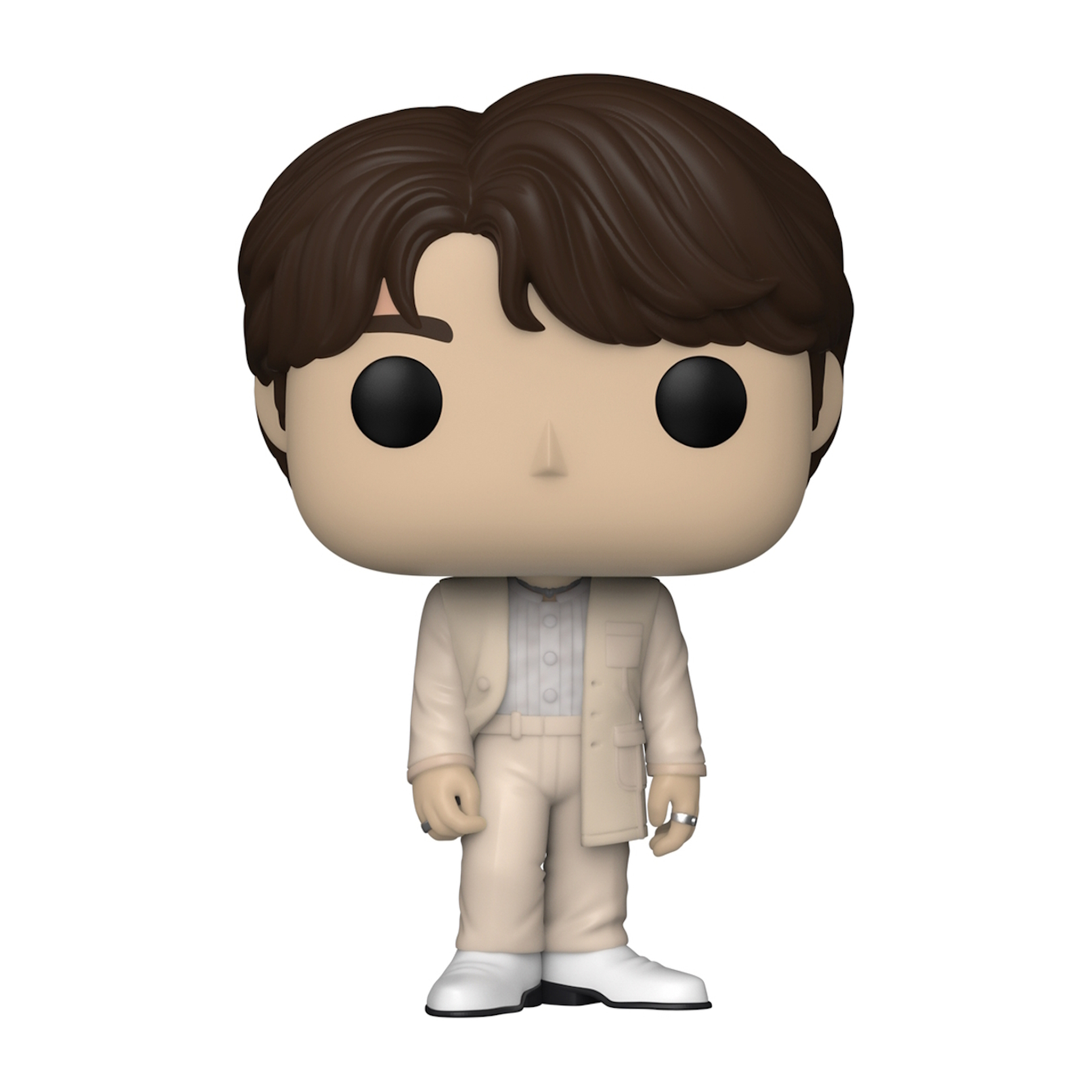 Een Funko Pop figuur van een man in een beige pak, met bruin haar.