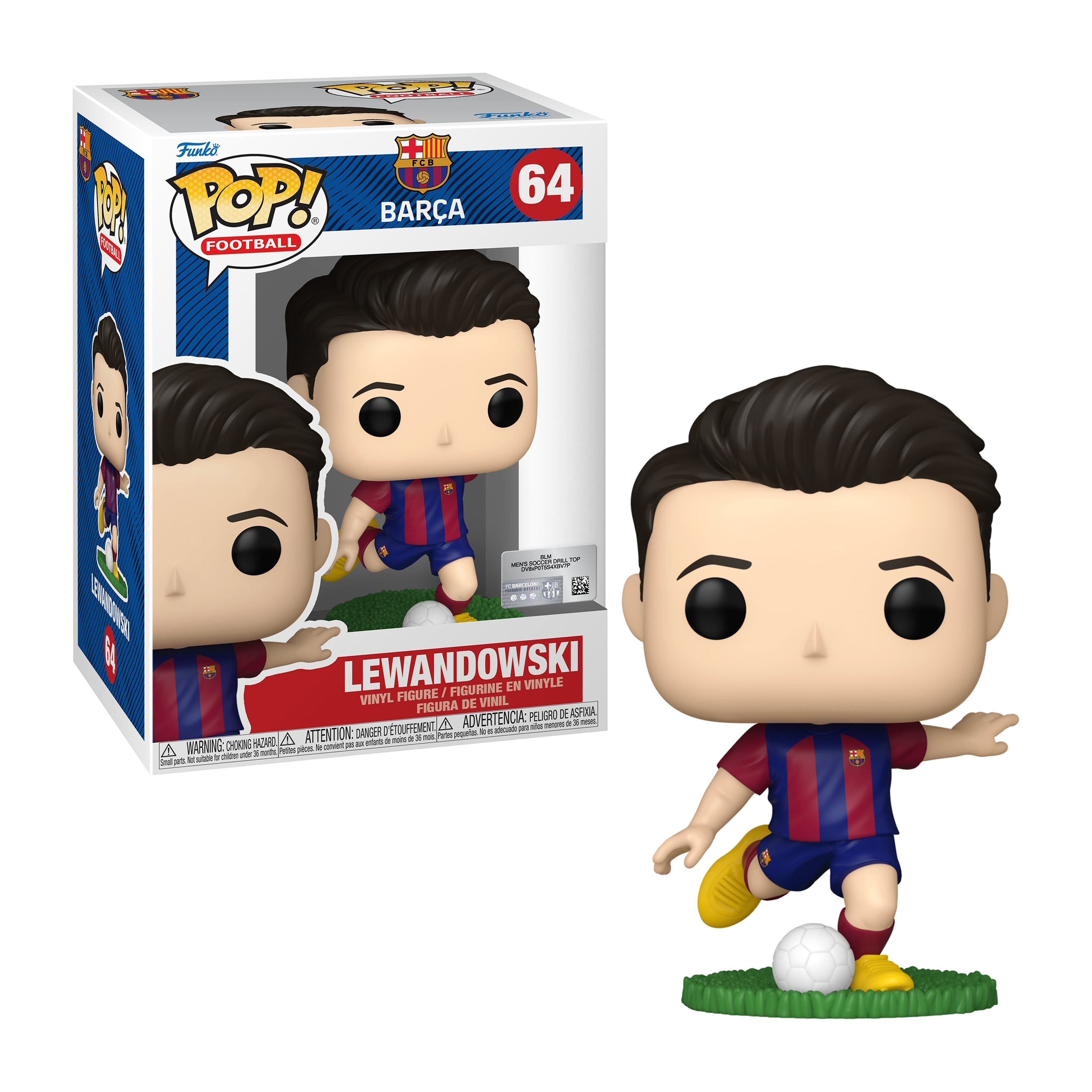 Figurka Funko Pop Lewandowskiego w stroju Barcelony, kopiącego piłkę na zielonej podstawie.
