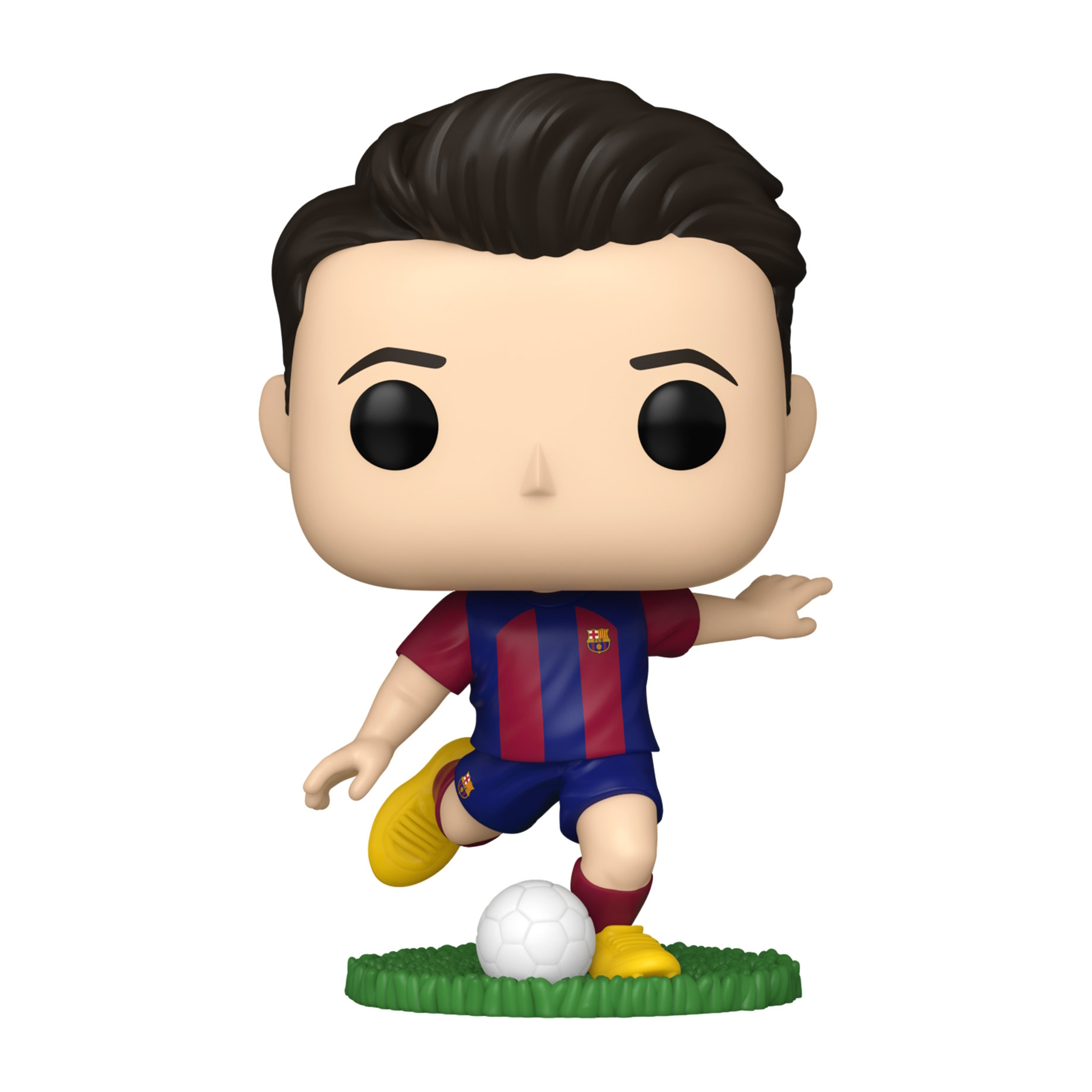 Figurka Funko Pop piłkarza w czerwono-niebieską koszulkę w paski.