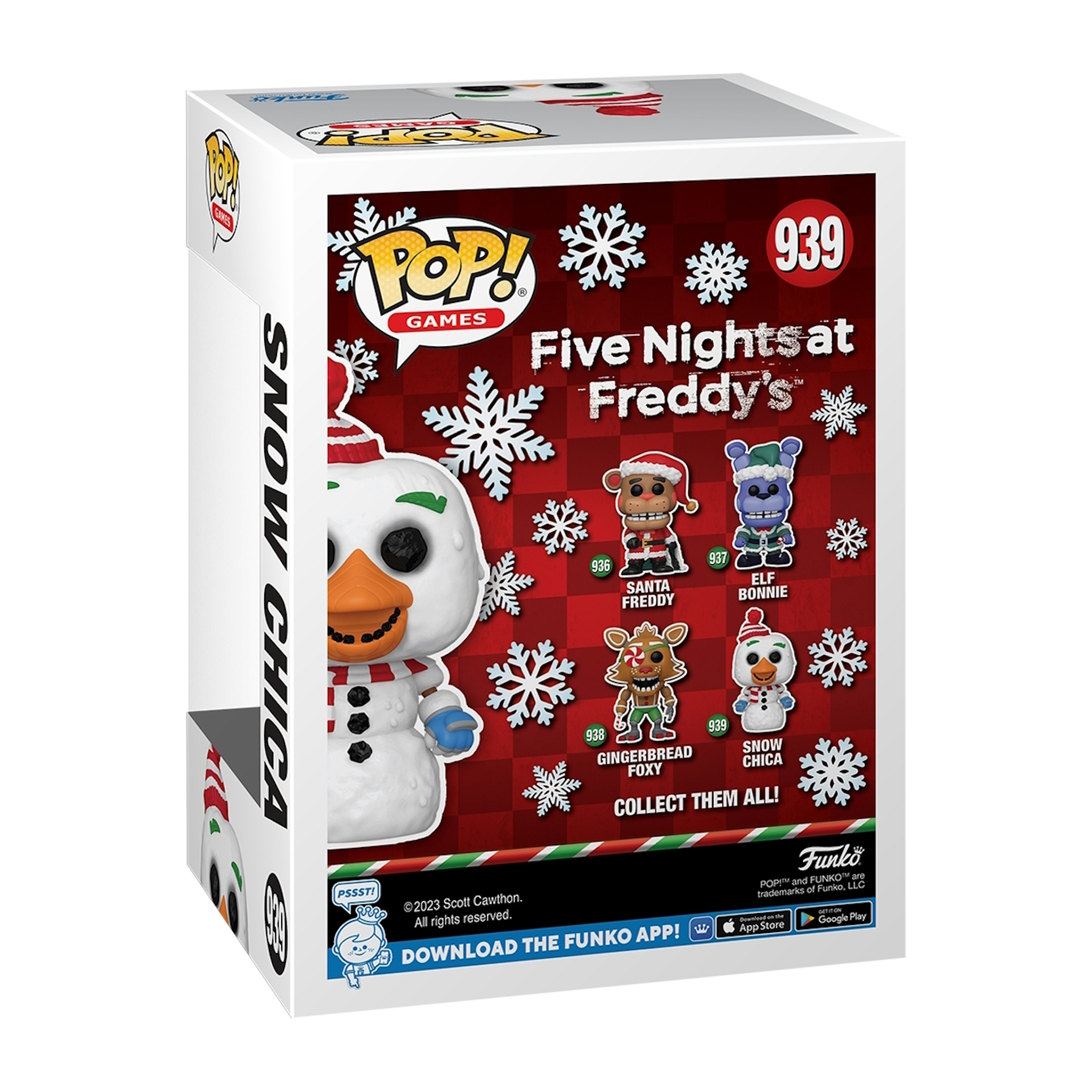 Caja Funko Pop con una figura de Snow Chica y otros personajes de Five Nights at Freddy's.