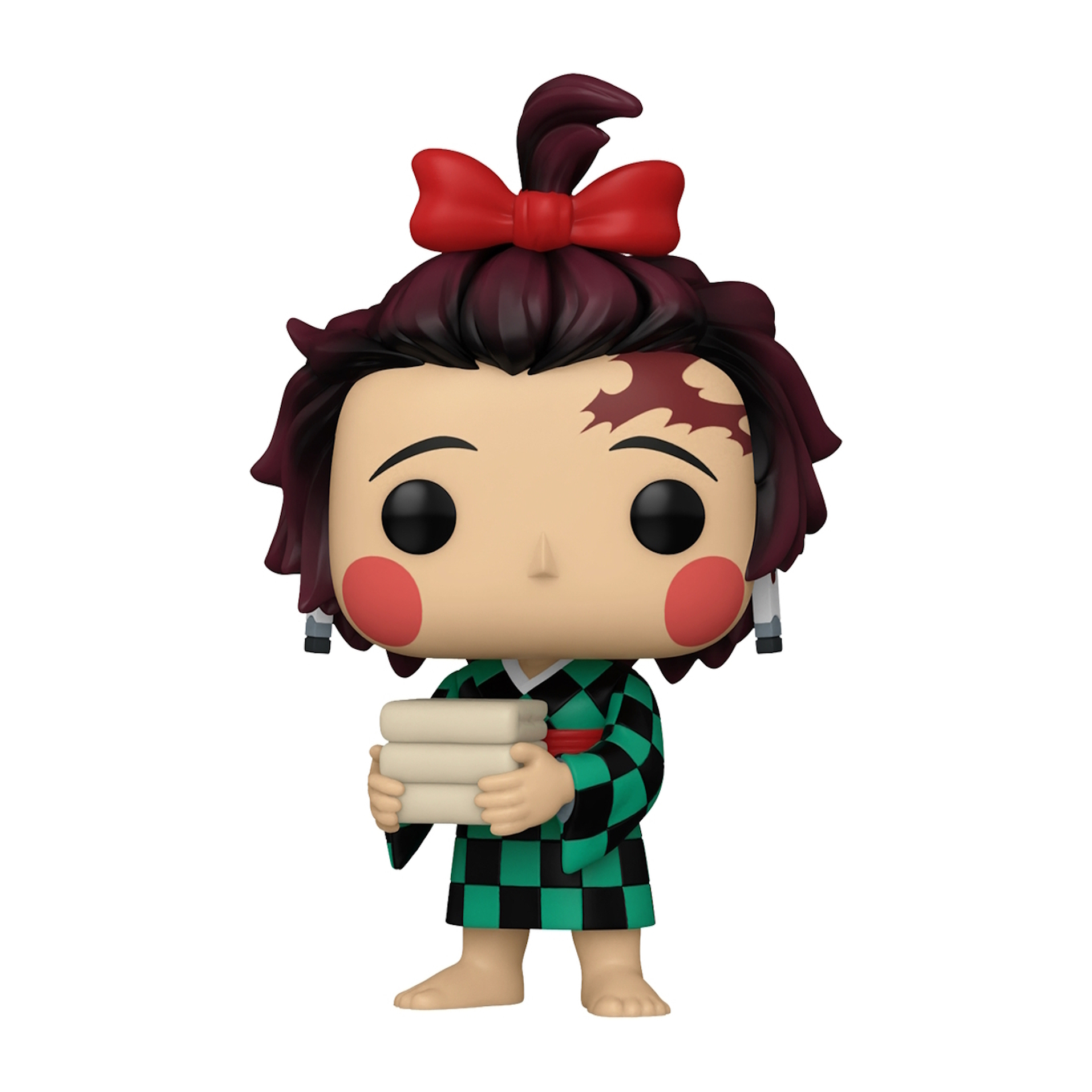 Figura de Tanjiro sosteniendo toallas, usando un kimono a cuadros verde y negro, lazo rojo. Fondo: blanco.