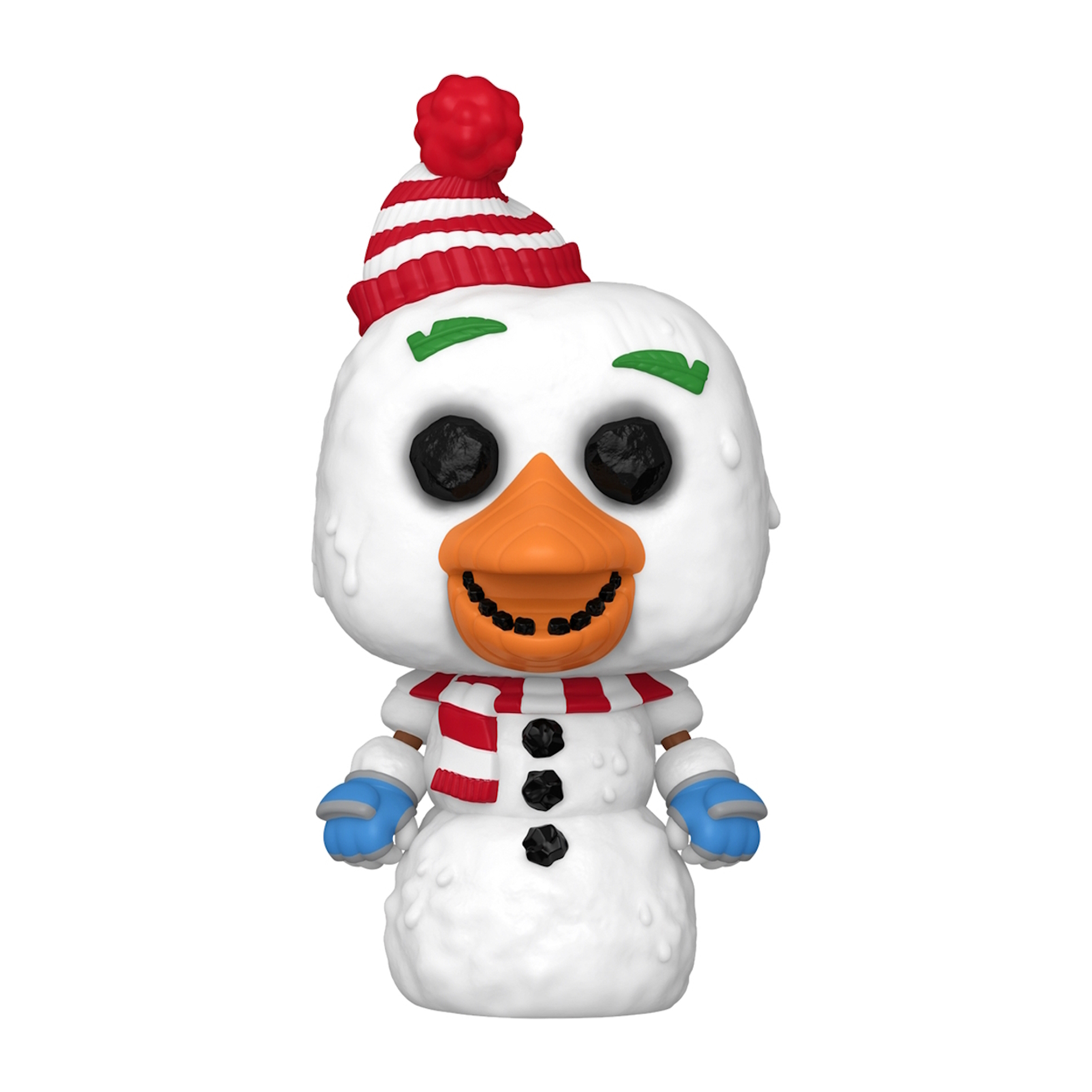 Figurita de muñeco de nieve con gorro rojo y blanco, bufanda y guantes azules. Tiene pico naranja y ojos negros.