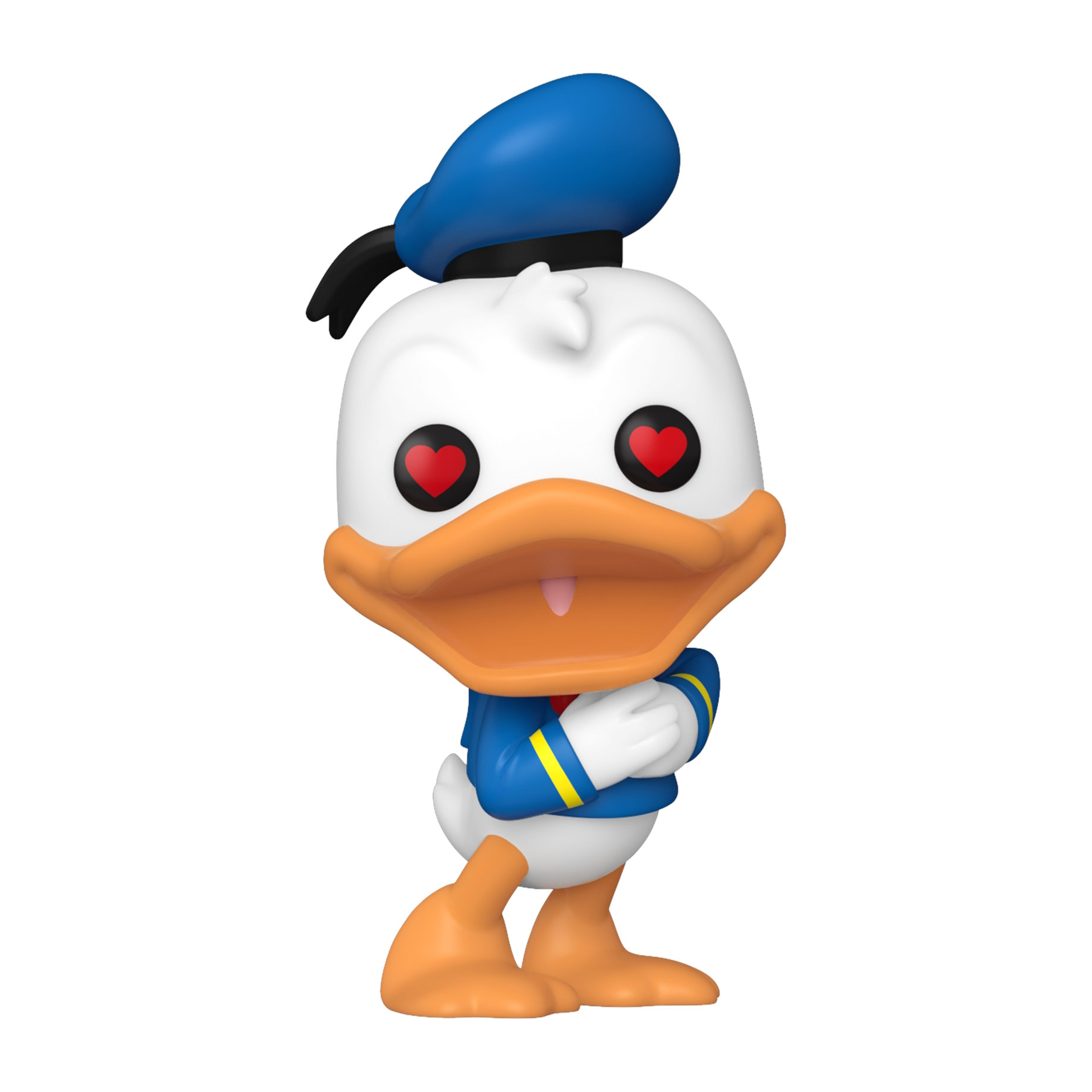 Figura Funko Pop di Paperino, con occhi a cuore rossi, indossa un abito da marinaio blu.