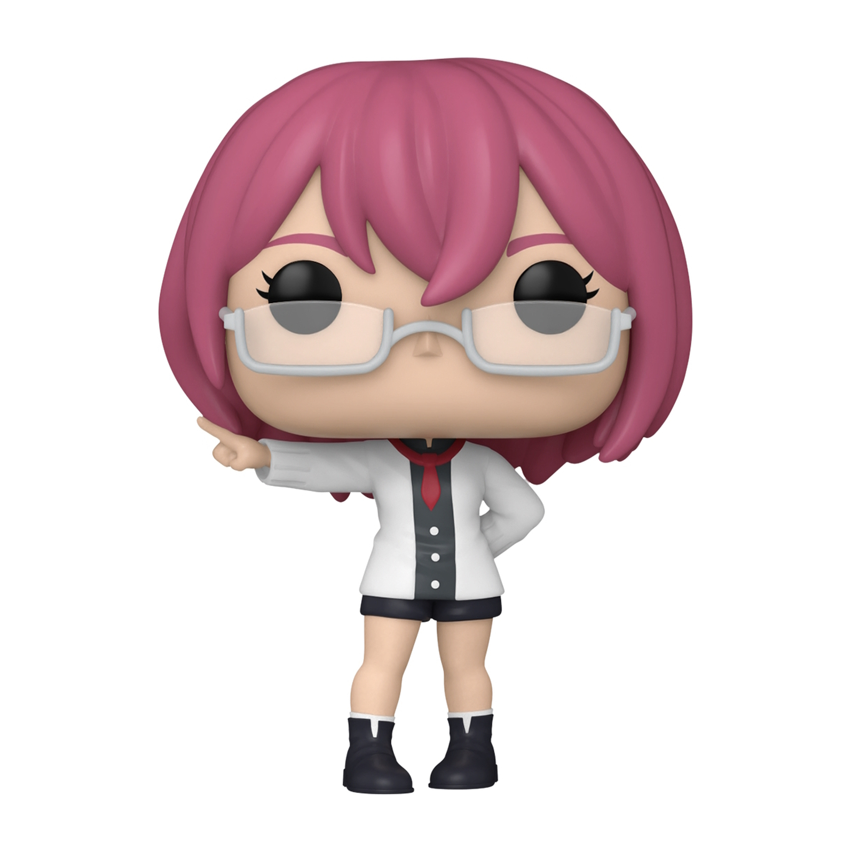 Funko Pop postaci z anime. Różowe włosy, okulary, biały płaszcz, gest wskazywania.